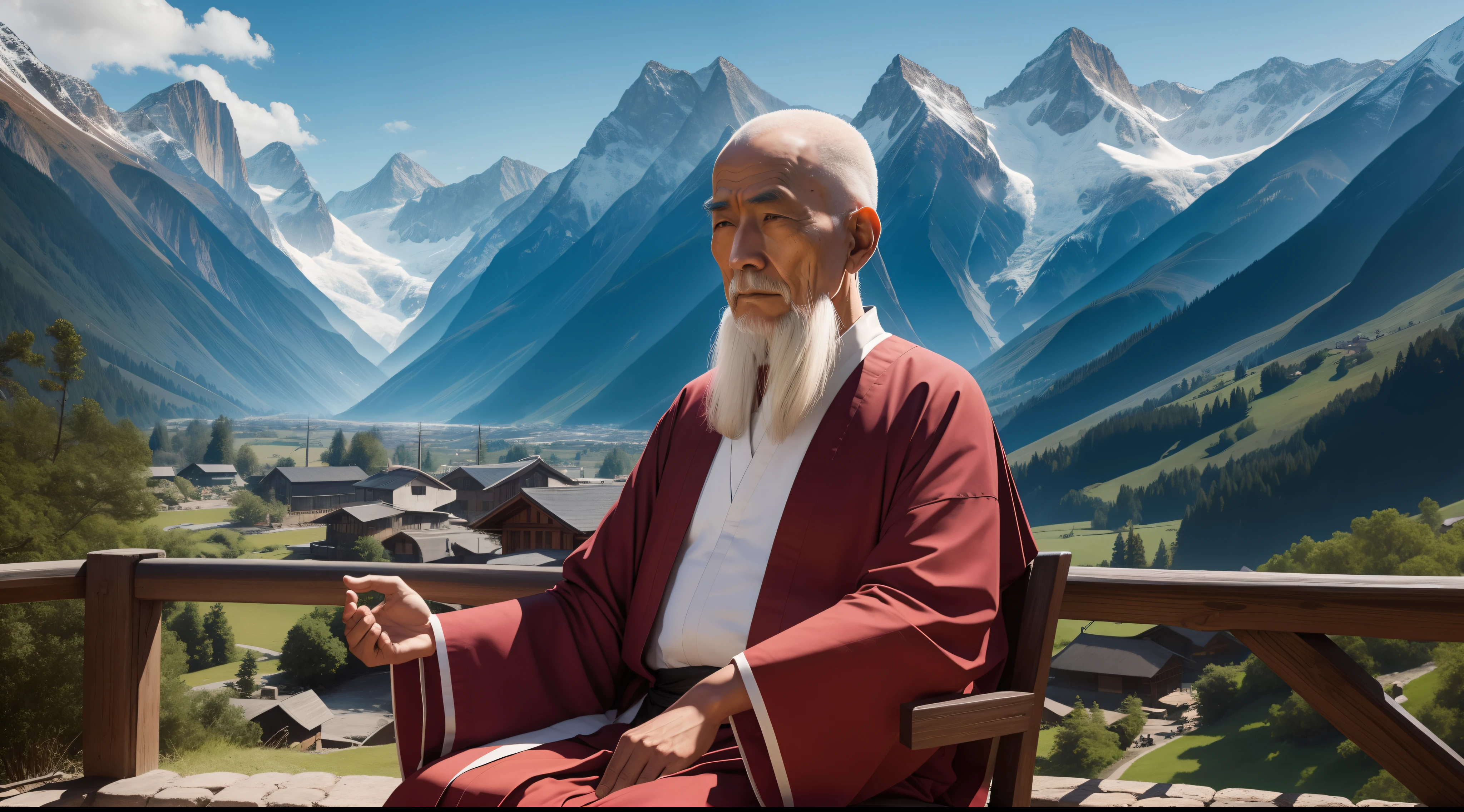 a wise old zen master sitting in a beautiful village by mountains