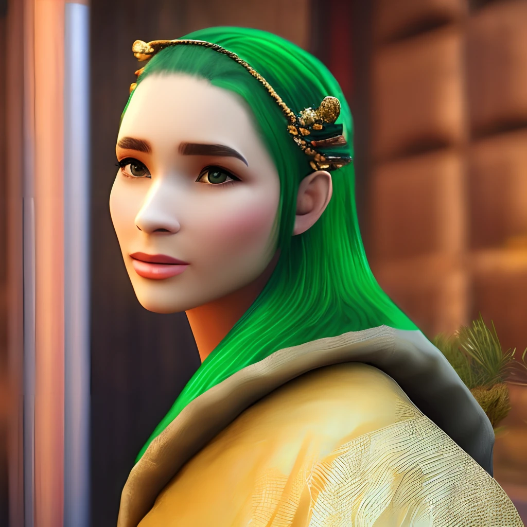 The female resembles a camel, with green hair and fair skin,Orange robe, underwear dressed in black silk