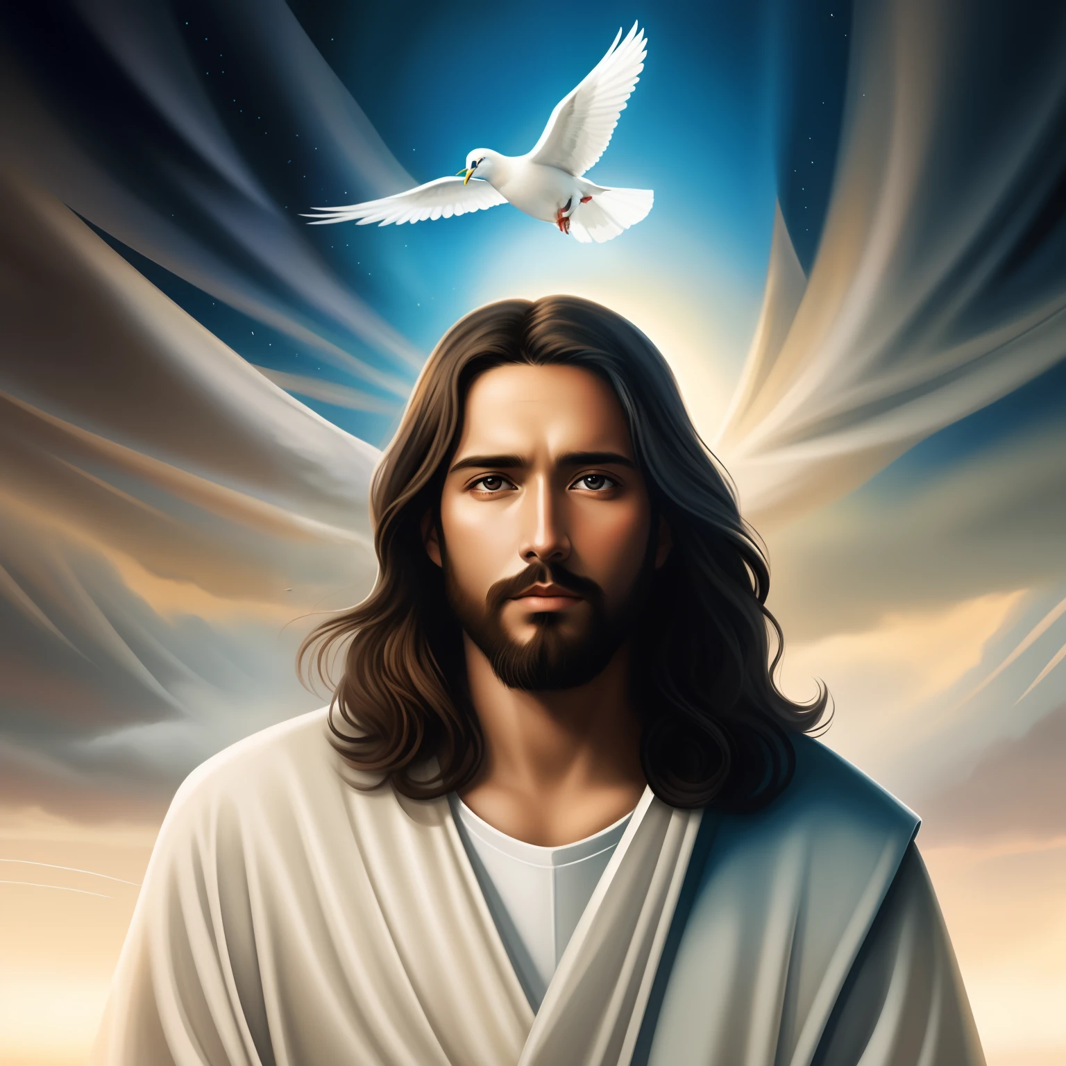 Jesus with a dove on his head, Jesus Cristo, Retrato de Jesus Cristo, Jesus, O Senhor e Salvador, jesus of nazareth, biblical accurate angel, Jovem Deus Todo-Poderoso, holy spirit, jim warren, Obra-prima da luz brilhante, Segunda vinda, Deus olhando para mim, rosto de Jesus, bible illustration, Awesome, fan art, airbrush digital oil painting