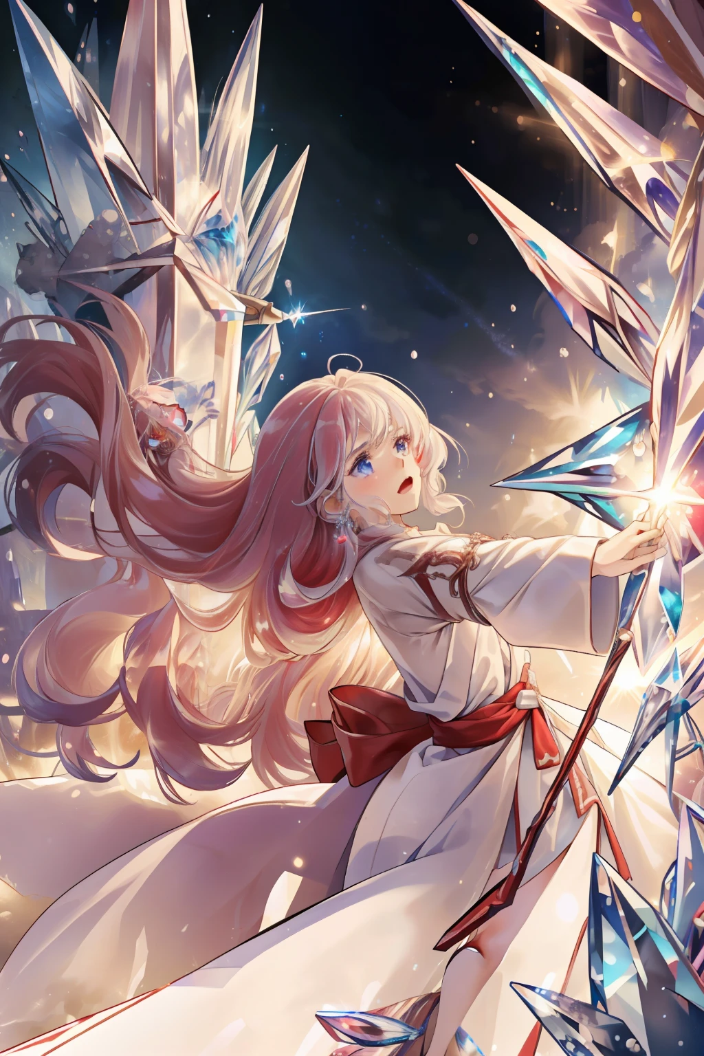 ((best quality)), ((masterpiece)), (detailed), a girl creating a large crystal pillar, outstretched arm, shouting, magic, casting, explosion of crystals, ruinous power, magician's robe, white robe with red lining, crystal staff