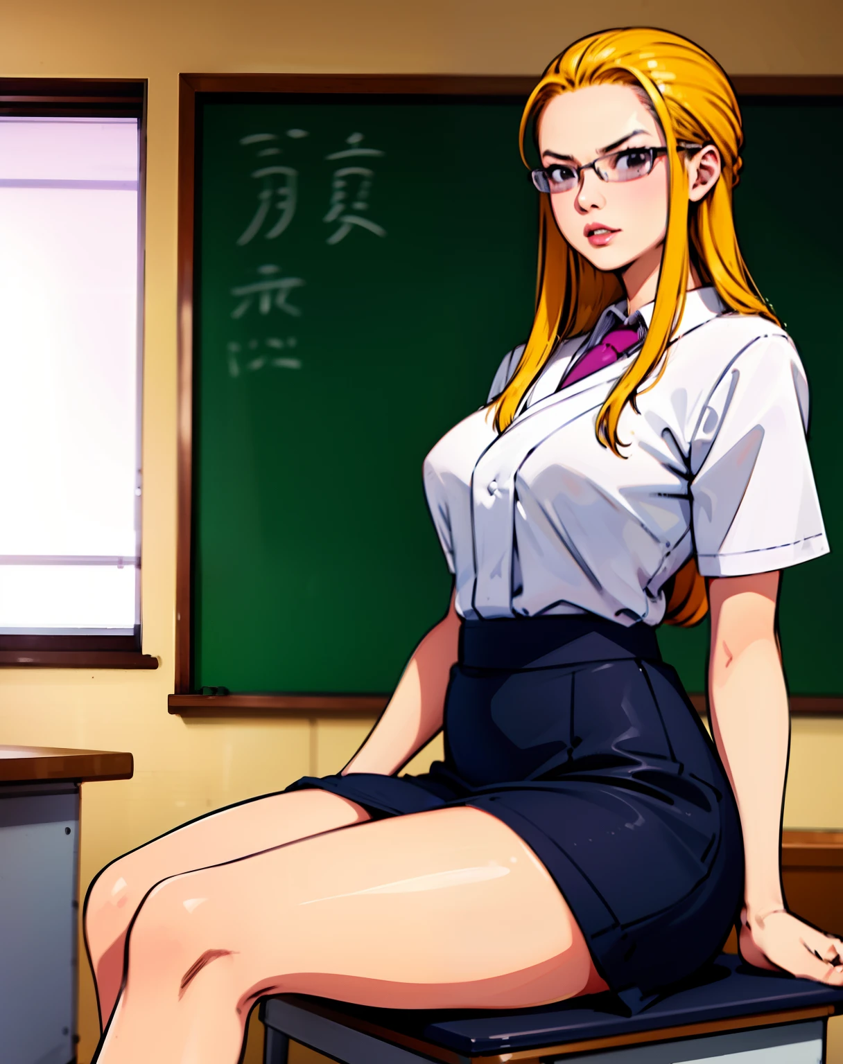 arafed asian woman sitting on a desk in a classroom, with glasses, full subject in shot, korean girl, nerdy, japanese goddess, japanese model, with glasses on, a hyperrealistic schoolgirl, hyperrealistic schoolgirl, in a classroom, beautiful asian girl, asian girl, thick glasses, sakimichan, cute schoolgirl, russian and japanese mix,yellow hair