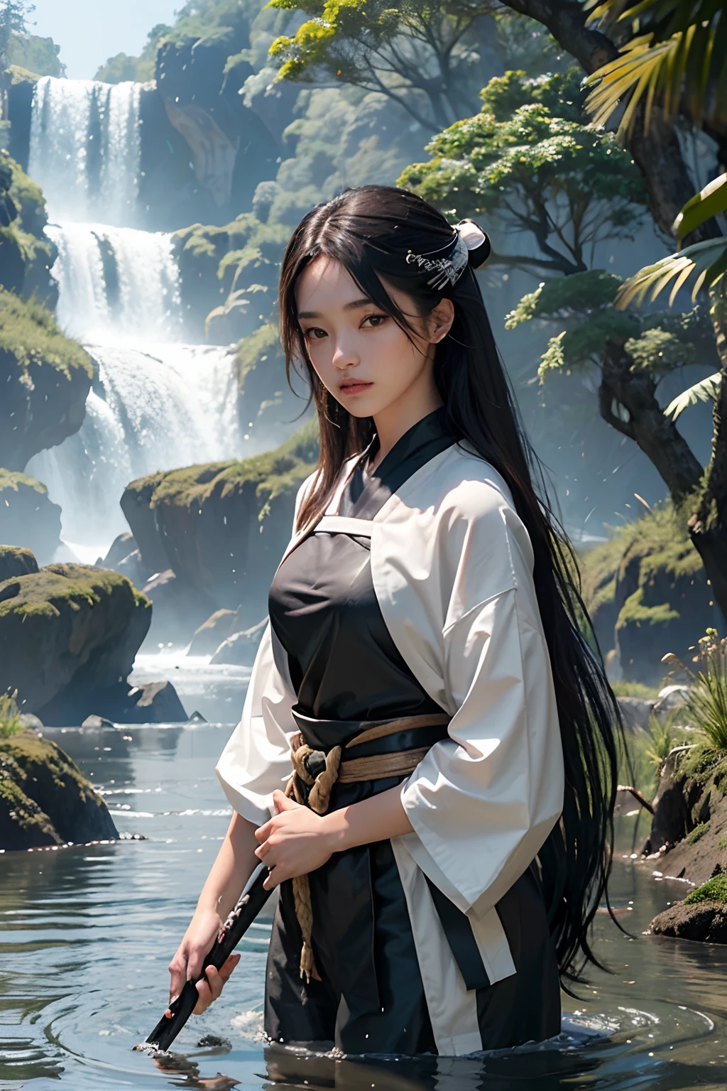 1menina, solo,
arte oficial, Unity 8K papel de parede, ultra detalhado, handsome and aesthetic, bonito, obra-prima, melhor qualidade,
Bruxa Kitsune com katana, katana bainha branca, olhos cinza claro, cabelos compridos encaracolado, cabelo castanho claro, detalhes dourados, jaqueta haori, water spell, fundo floresta, fundo chuvoso, you like water, morphing, profundidade de campo,