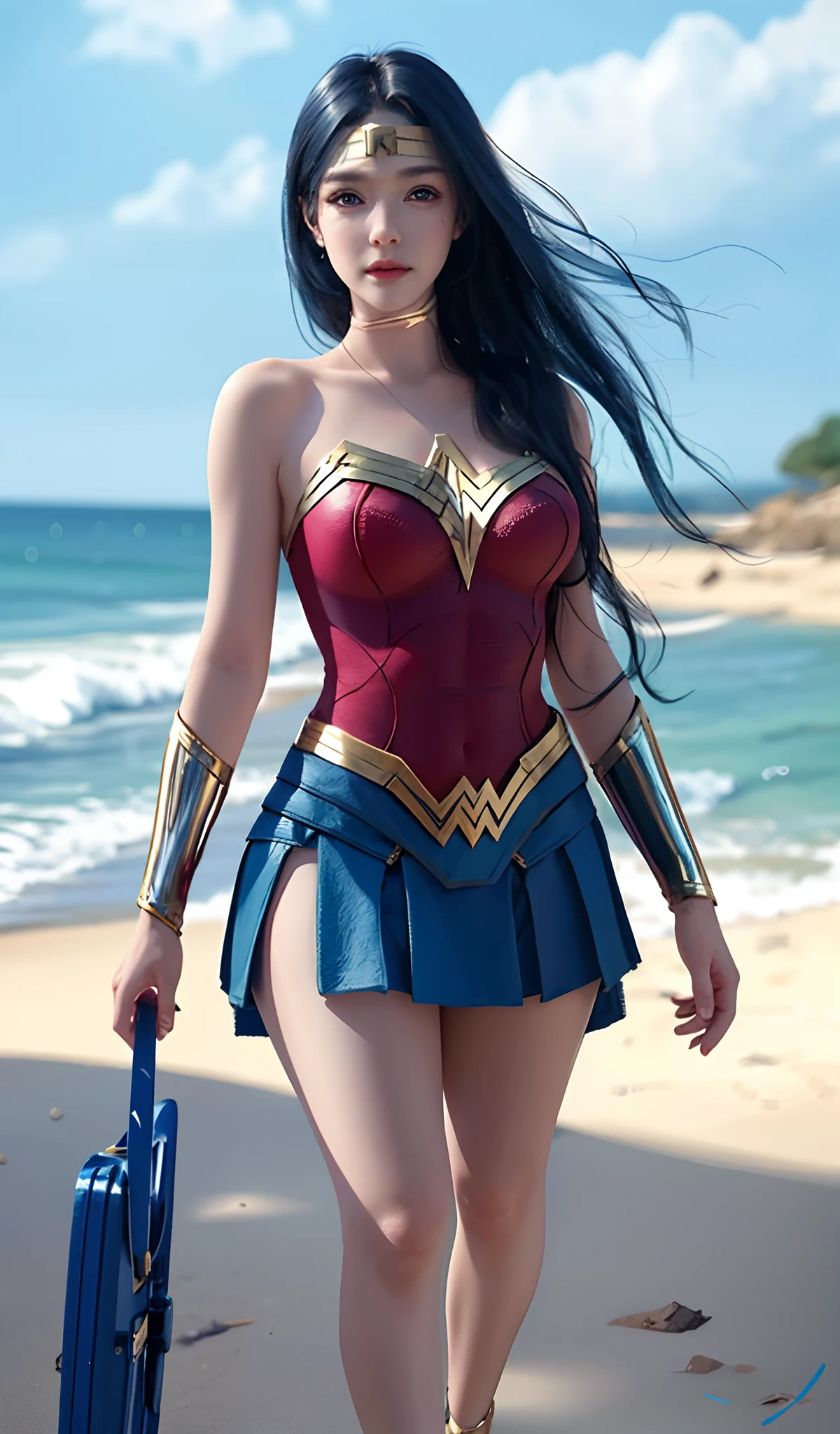 tmasterpiece, best qualtiy, photorealestic, photore, photorealisti, ultra - detailed, Perfect body, Detailed eyes, beuaty girl, wonder women, roleplaying, 1female,aged 40,Huge breasts,Pornographic exposure, 独奏,(Background with:jetty), She has long flowing hair, standing on your feet,Sweat profusely,drenched all over the body,,blue color eyes,frontage,Blue straight hair, curlies,mostly cloudy sky,Wonder Woman uniform(((tmasterpiece),(Very detailed CG unity 8K wallpaper),best qualtiy,cinmatic lighting,detailed back ground,beatiful detailed eyes,Bright pupils,(Very fine and beautiful),(Beautiful and detailed eye description),ultra - detailed,tmasterpiece,)),facing at camera,A high resolution,ultra - detailed),熟妇,mature,revealing breasts,facing at camera,Flushed complexion,Orgasmic face,Pornographic exposure,Protruding underparts,Camel toes,with no underpants,legs are open,frontage,Beautiful sexy full body photo in mini skirt and sewn stockings,((独奏)),At the pier,high-heels,Craving sexual,