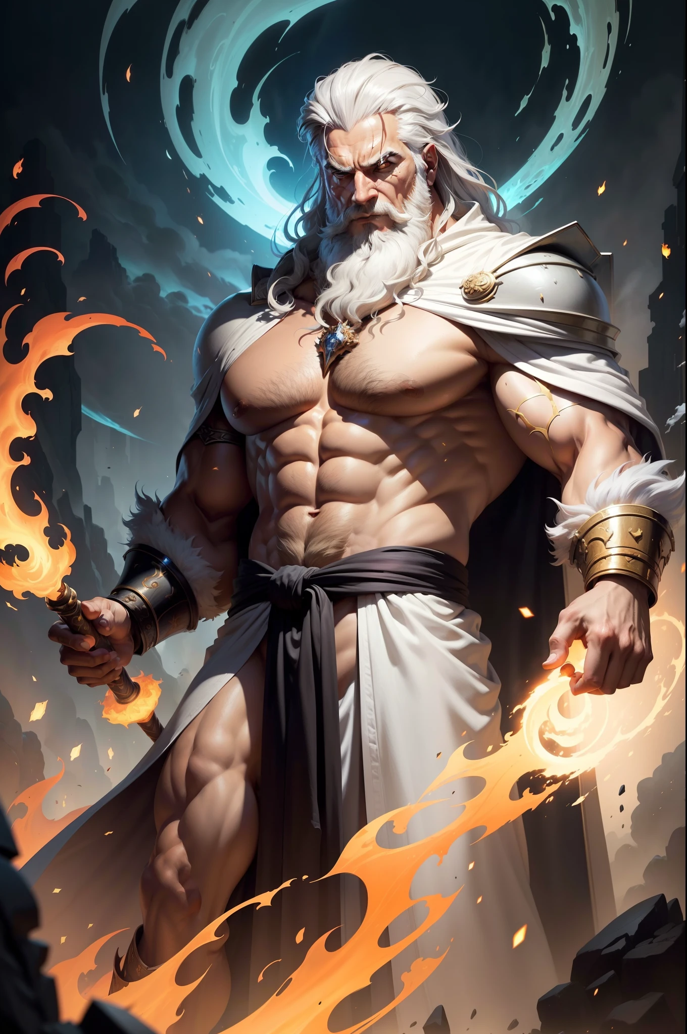 painting of a man in a robe with a staff in a cloud of fire, holy fire spell art, concept art of god, epic scene of zeus, furious god zeus, the god hades, rob rey, by Jeremy Chong, by Eddie Mendoza, the god zeus, by Aleksander Gierymski, by Pablo Munoz Gomez, by Shen Zhou