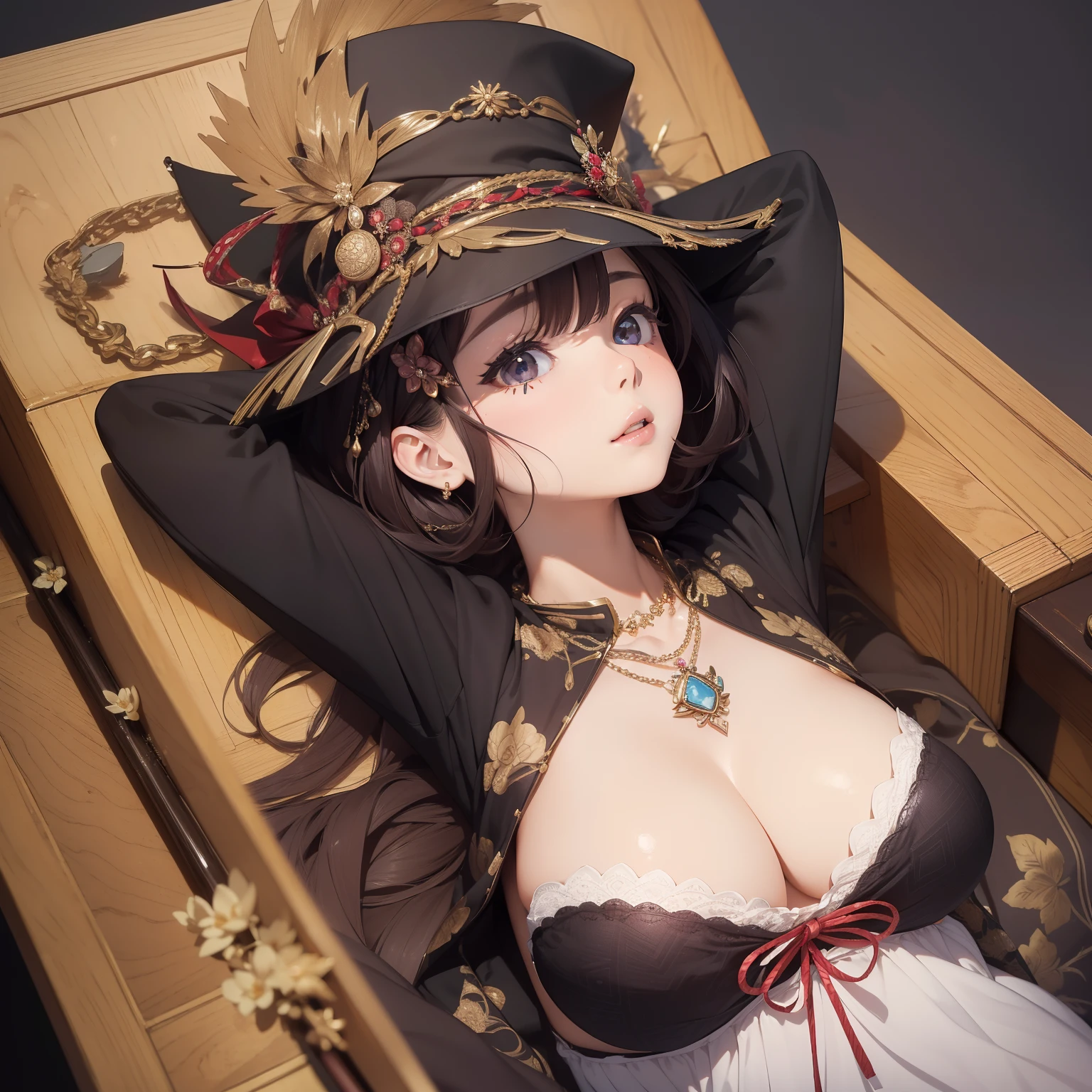 (top-quality、8K、32K、masterpiece、nffsw:1.2)、A cute Japanese woman、large full breasts、Coffin hat、The upper part of the body、(Tops with a border pattern:1.3)、Wide pants、a necklace、simple background、Look around、