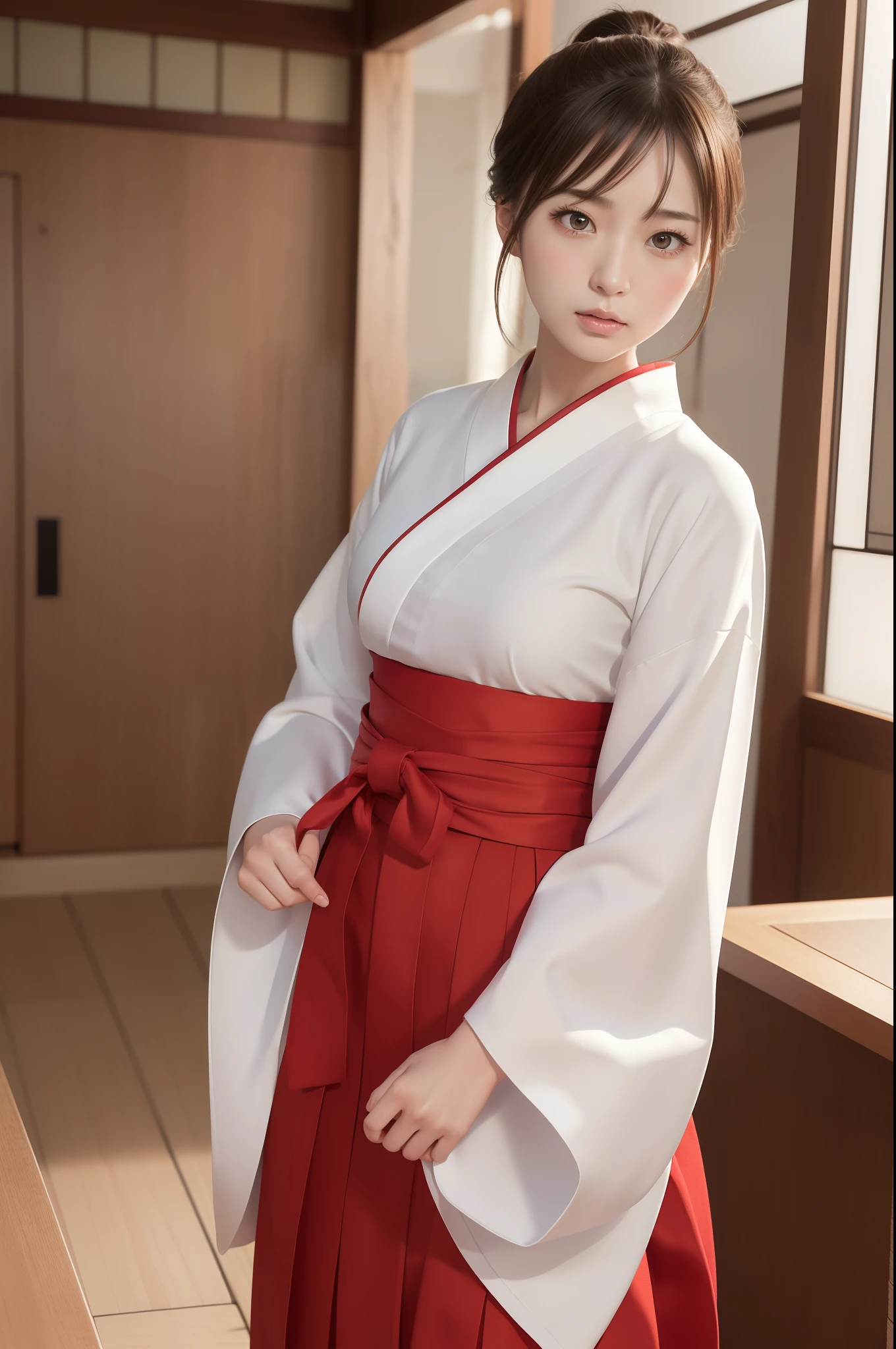 8K, (best quality), (masterpiece), (photo realistic), (realistic), (ultra high definition), ray tracing, japanese female, 1 girl, high definition cute face, closed mouth, blush, standing posture, above the waist, looking at viewer, ponytail hair, (white furisode), (red hakama), japanese clothes, cafe