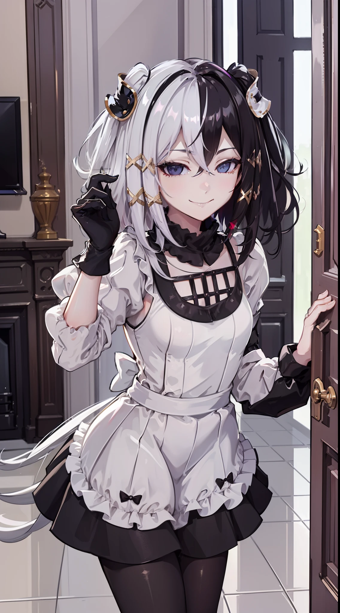 french maid, maid outfit, inside, house, living room, naughty smile, domineering smile, arrogant expression, cocky attitude, masterpiece, best quality