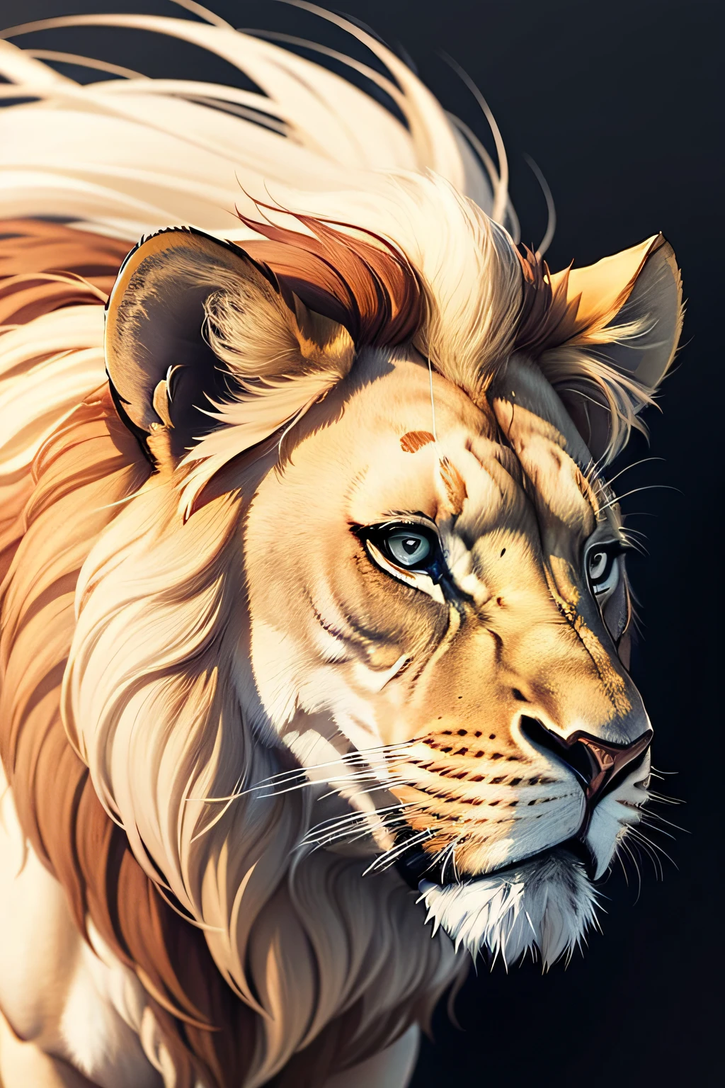 Face of a lion seen from the side in a drawing only in white color