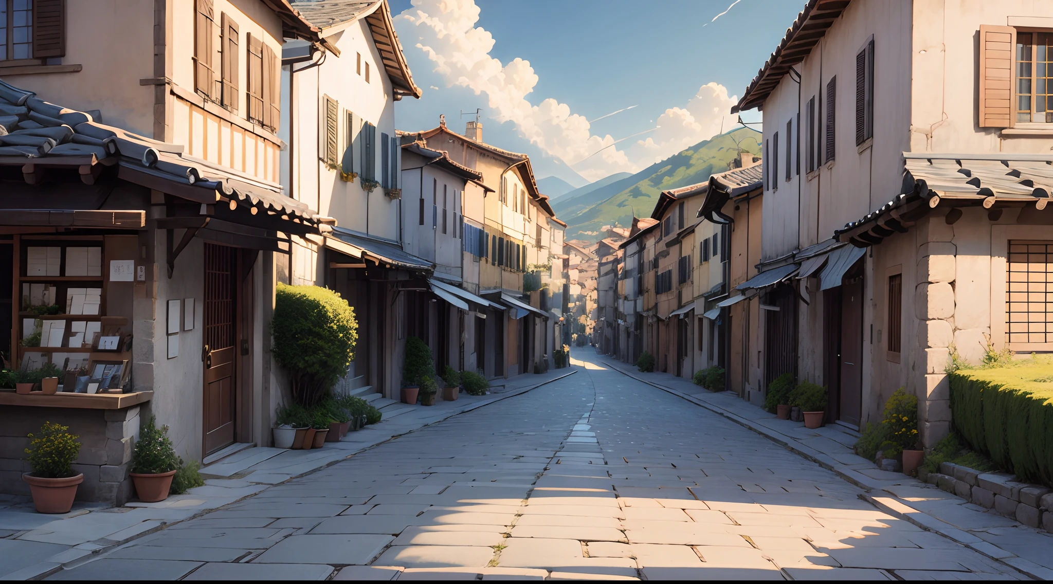 illustratio:10、masterpiece、top-quality、Italy、Picturesque city、main street、Hyper-Realism、(anime Makoto Shinkai:0.4)、Old house on the street of the city、outside of house、Skysky、tag、landscapes、blue-sky、buliding、wide Shots、towns、Tools with a sense of life、Irregular cobblestones made of brick、Hanging Shop Sign、Western fantasy、stone path、:Watercolor Style v10:035 Easy Negative、Straight road