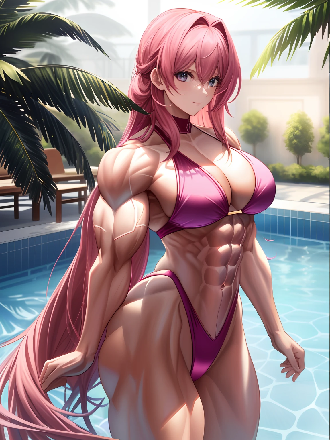 BEST lighting) , (ultra intricately detailed) , 4K unification, (super-detailed CG: 1.2) , (8K: 1.2),(Original), (Masterpiece) , (Best quality),(Masterpiece:1.4),Anime-ish high quality,(Masterpiece),Masterpiece, Best quality, absurderes,((masterpeace, 4K, 8K, Yes, A high resolution))1girll,ssmile， She was standing in the pool，Naked swimsuit,   Perfect figure, Pink purple shawl long hair, Dynamic pose, ((body builder:1.5)),Oyama Background,(Beautiful bace),(Girl),(Female),(((Upper body:1)))
