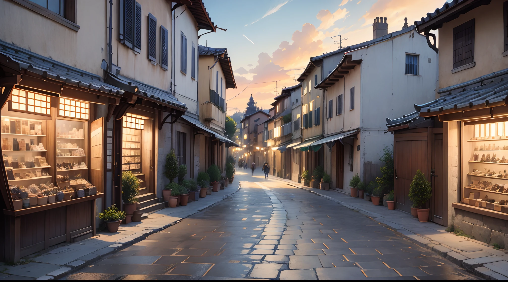 illustratio:10、masterpiece、top-quality、Italy、Picturesque city、main street、Hyper-Realism、(anime Makoto Shinkai:0.4)、Old house on the street of the city、outside of house、Skysky、tag、landscapes、blue-sky、buliding、wide Shots、towns、Tools with a sense of life、Irregular cobblestones made of brick、Hanging Shop Sign、Western fantasy、stone path、:Watercolor Style v10:035 Easy Negative、Straight road