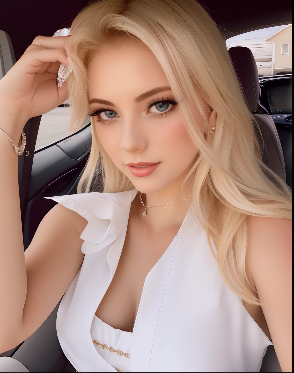 Blonde woman in white dress sitting in car with her hand on her head,  sedutora, seios grandes,  labios carnudos, despir, nua, gostosa, surrealista, embelezar, 8k, futuristico