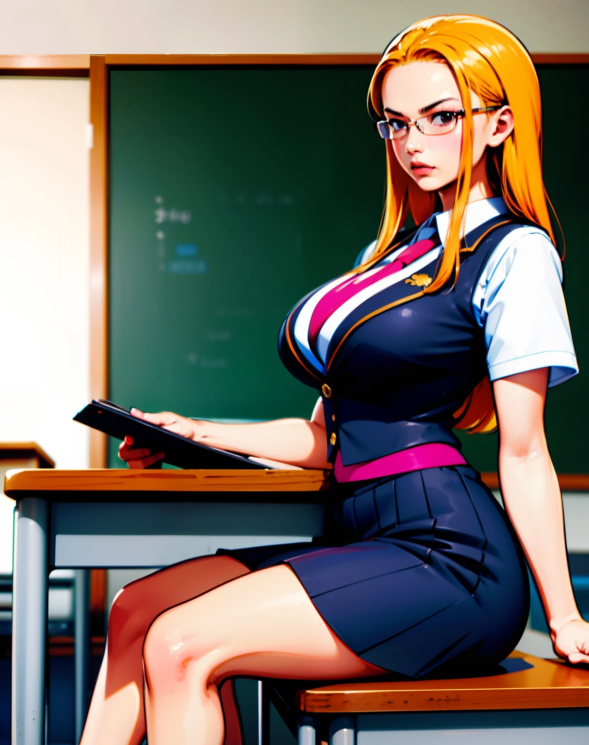 arafed asian woman sitting on a desk in a classroom, with glasses, full subject in shot, korean girl, nerdy, japanese goddess, japanese model, with glasses on, a hyperrealistic schoolgirl, hyperrealistic schoolgirl, in a classroom, beautiful asian girl, asian girl, thick glasses, sakimichan, cute schoolgirl, russian and japanese mix,yellow hair