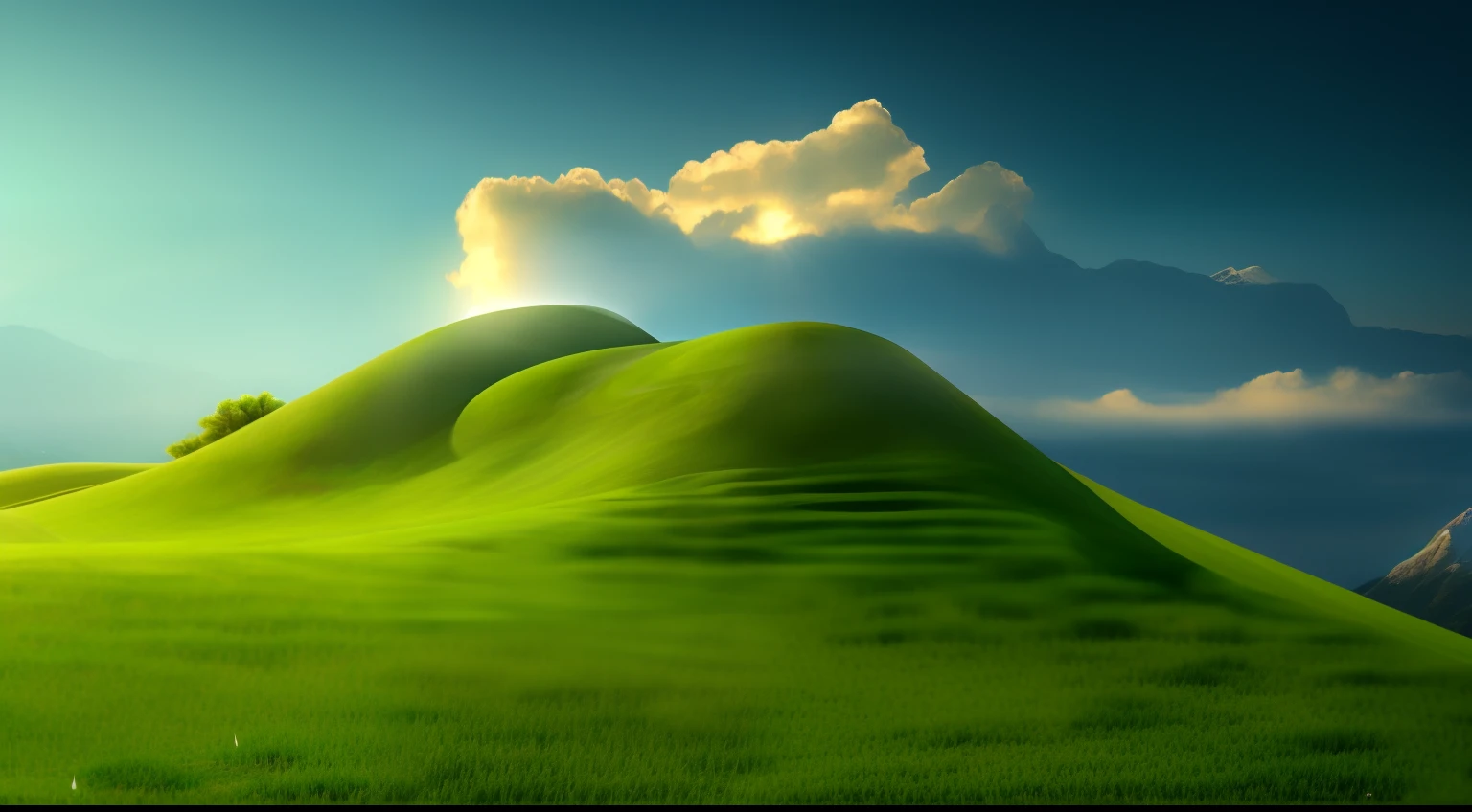 mountain with grass in low part, on top on mountain have cloud, Surrealism, modern, Realism, Verism, ray tracing, reflection light, cinematic lighting, god rays, backlighting, panorama, from outside, retina, high details, best quality, highres, award winning, super detail, ccurate