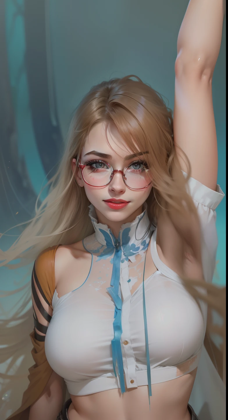 centrada, visual chave, intrincado, altamente detalhado, breathtaking beauty, lineart preciso, vibrante, Comprehensive cinematic, Carne Griffiths, Conrad Roset, (o retrato mais bonito do mundo:1.5), corpo detalhado, rosto liso detalhado, olhos azuis detalhados, transparent round glasses, big red lips, smile expression, seios grades sensual
