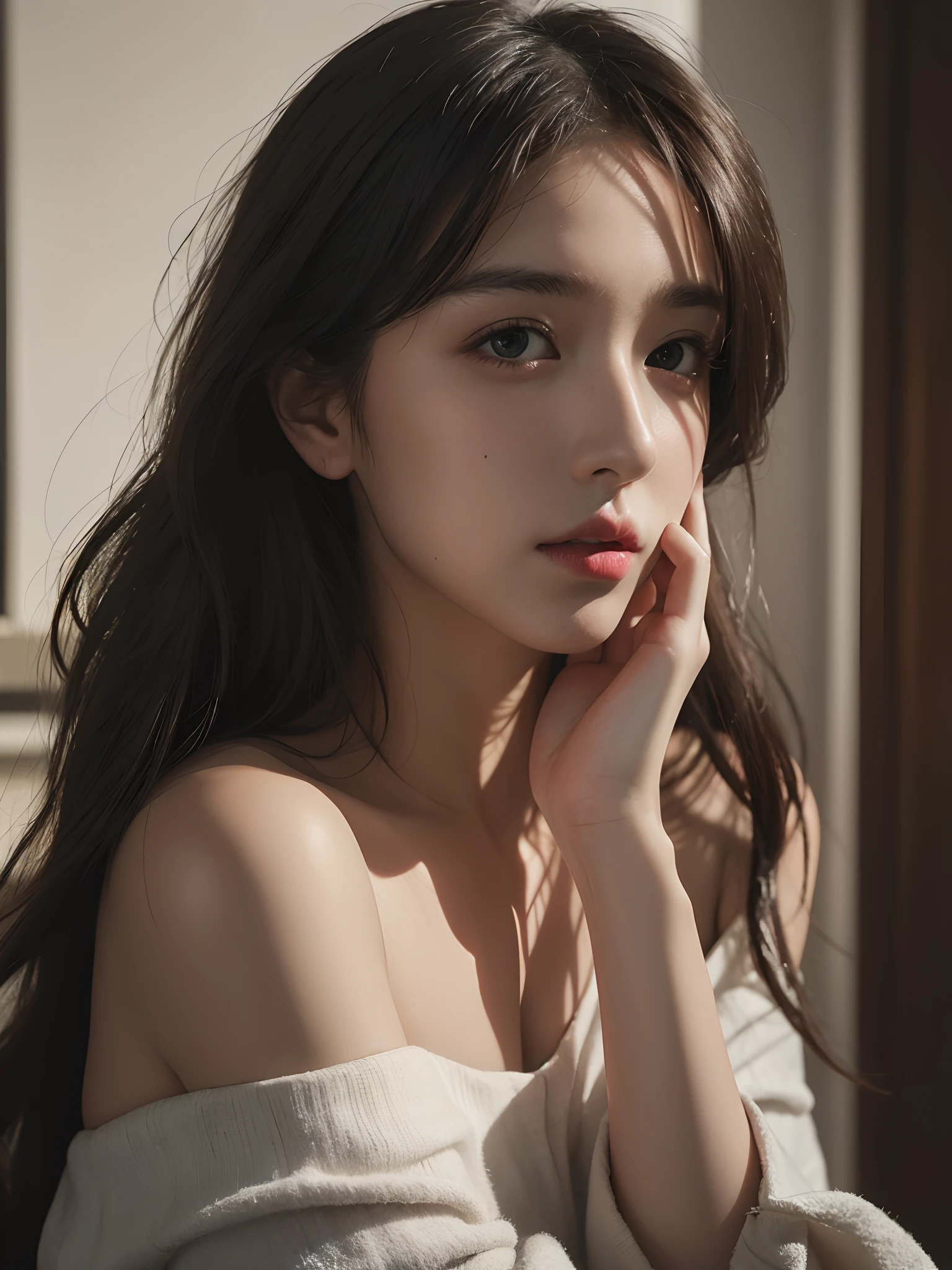 Best quality, masterpiece, ultra high res, (photorealistic:1.4), raw photo, 1girl, off shoulder, cinematic lighting