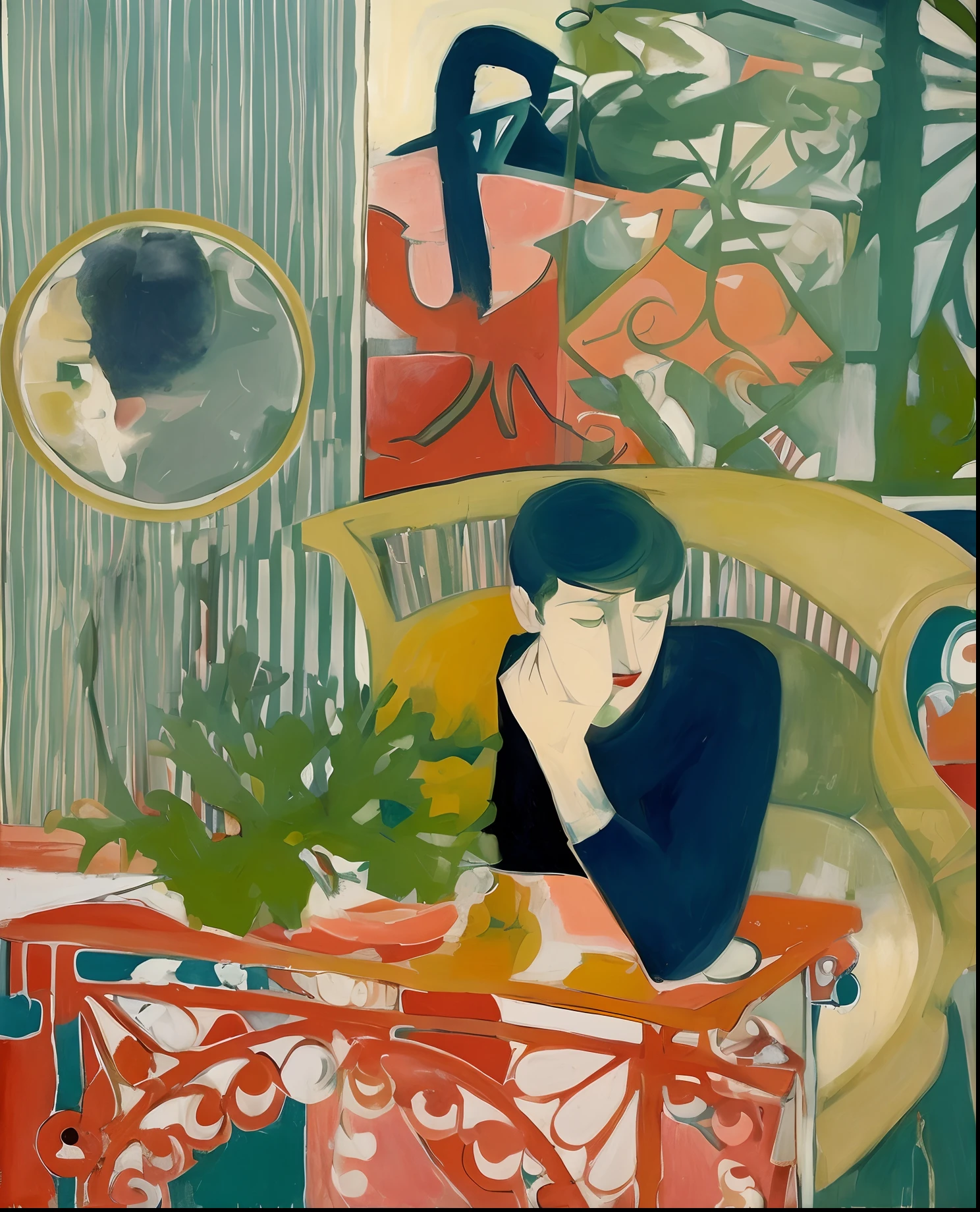 pintura de um homem sentada em uma cadeira com um vaso de flores, inspirado em Frances Hodgkins, inspirado em Alasdair Gray, inspirado em R. B. Kitaj, vermelho forte, Directed by: Jay Milder, 1960s neo rococo expressionist, Directed by: Yvonne Jacquette, inspirado em Bruce McLean, inspirado em Georges Emile Lebacq, inspirado em Diane Dillon