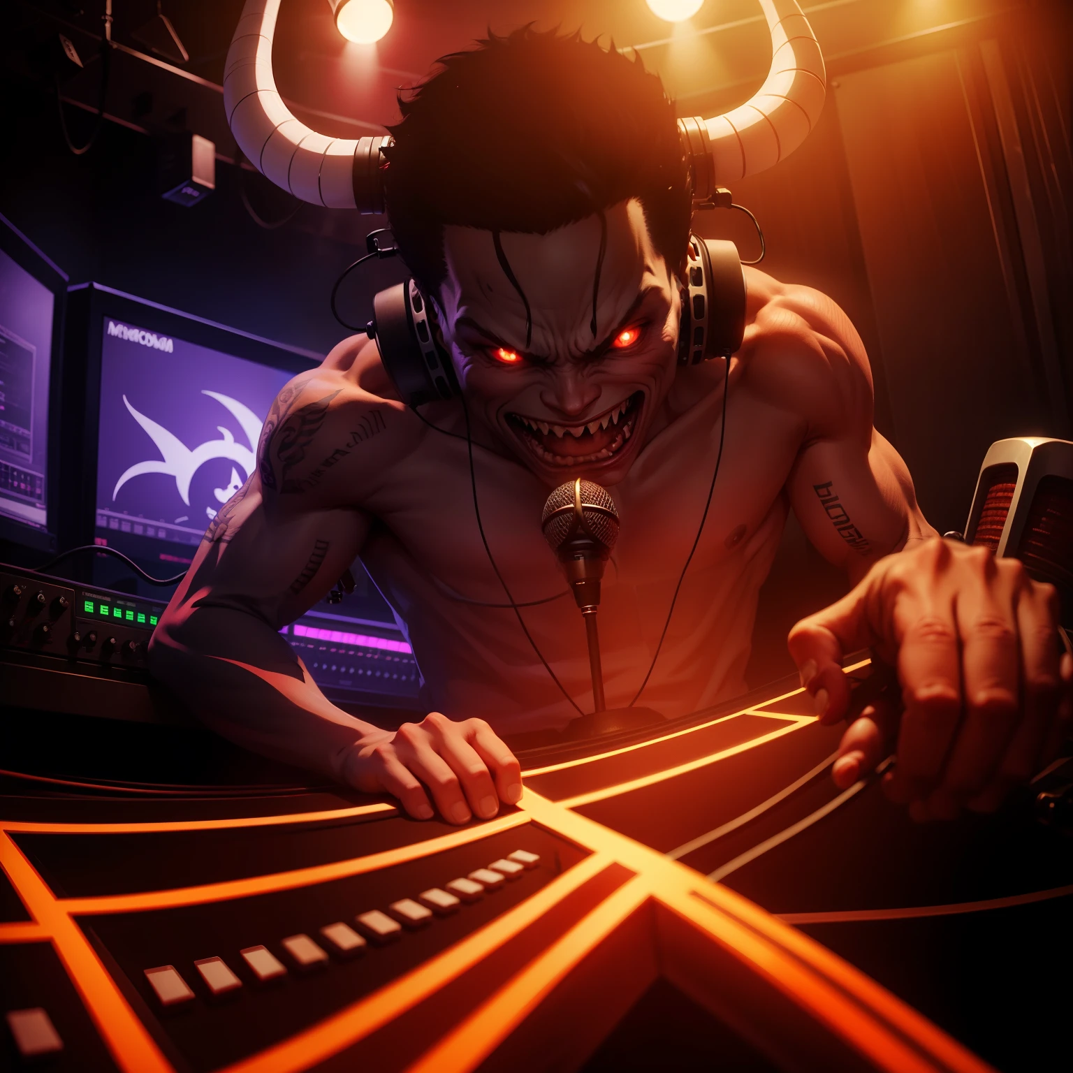 Demon boy inside a music studio with a microphone in hand