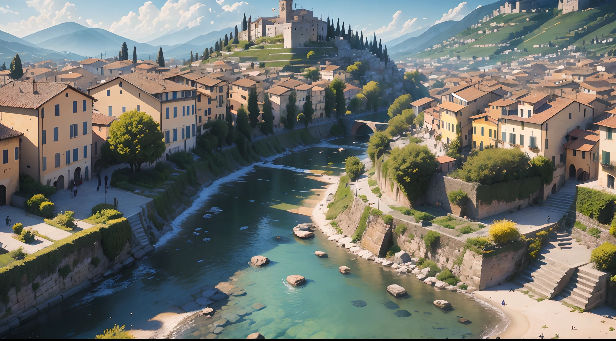illustratio:10、masterpiece、top-quality、Italy、Picturesque city、main street、Hyper-Realism、(anime Makoto Shinkai:0.4)、Old house on the street of the city、outside of house、Skysky、tag、landscapes、blue-sky、buliding、wide Shots、towns、Tools with a sense of life、Irregular cobblestones made of brick、Hanging Shop Sign、Western fantasy、stone path、:Watercolor Style v10:035 Easy Negative、Alafed view of town with river and mountains in the background, medieval town landscape, Italy, Mediterranean cities in Italy, shutterstock, teto, Realistic photos of the town, Italian Renaissance architecture, medieval town, italian masterpiece, Town in the background, Top, capricious, city, medieval city background, tile roof