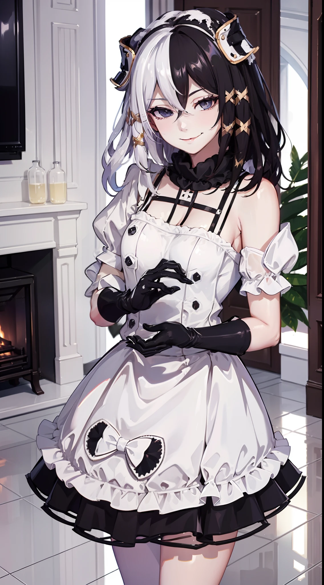 french maid, maid outfit, inside, house, living room, naughty smile, domineering smile, arrogant expression, cocky attitude, masterpiece, best quality