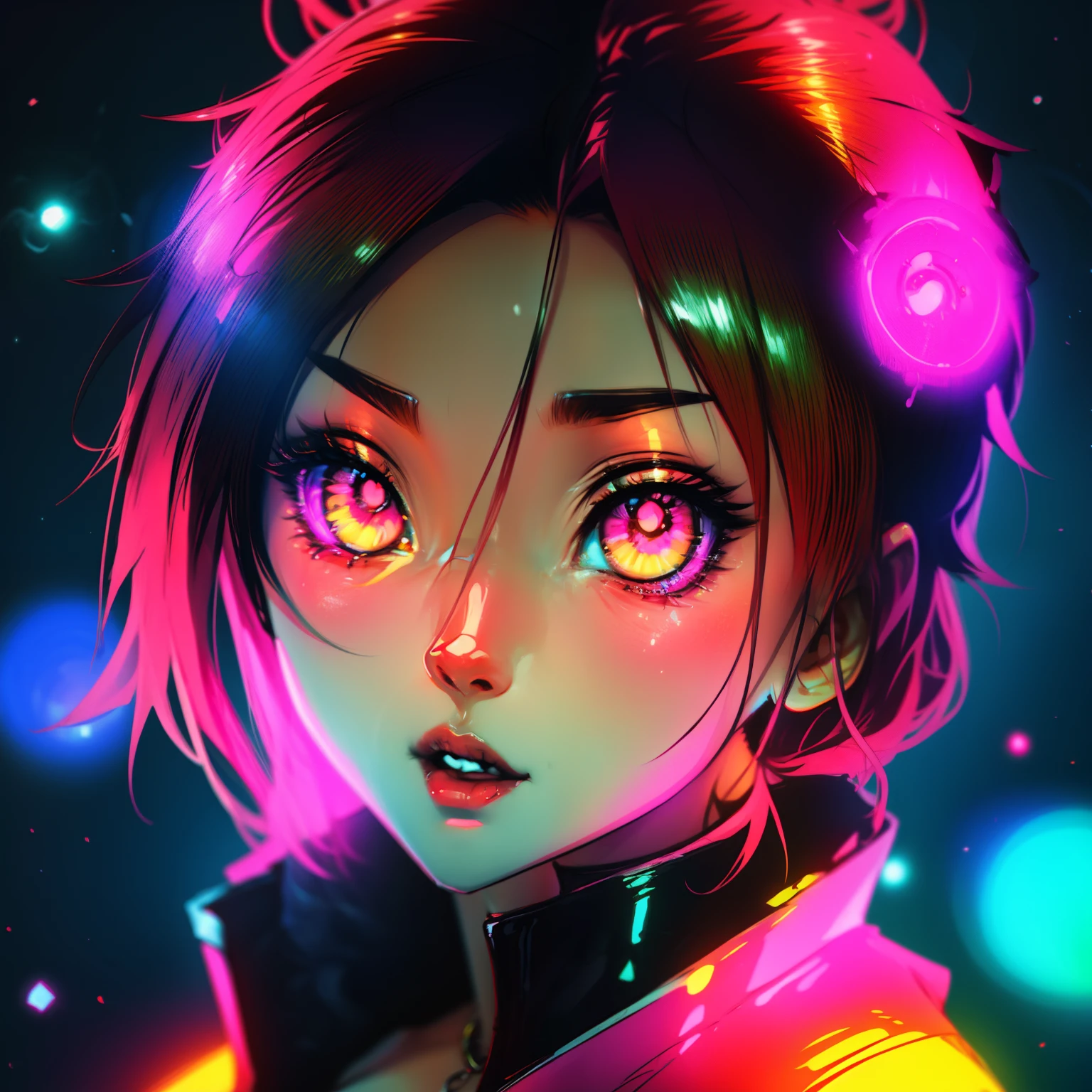 Garota anime kawai, lollipop , cores neons, Rosa neon, olhos brilhantes e fofos, imagem fofa, estilo anime.