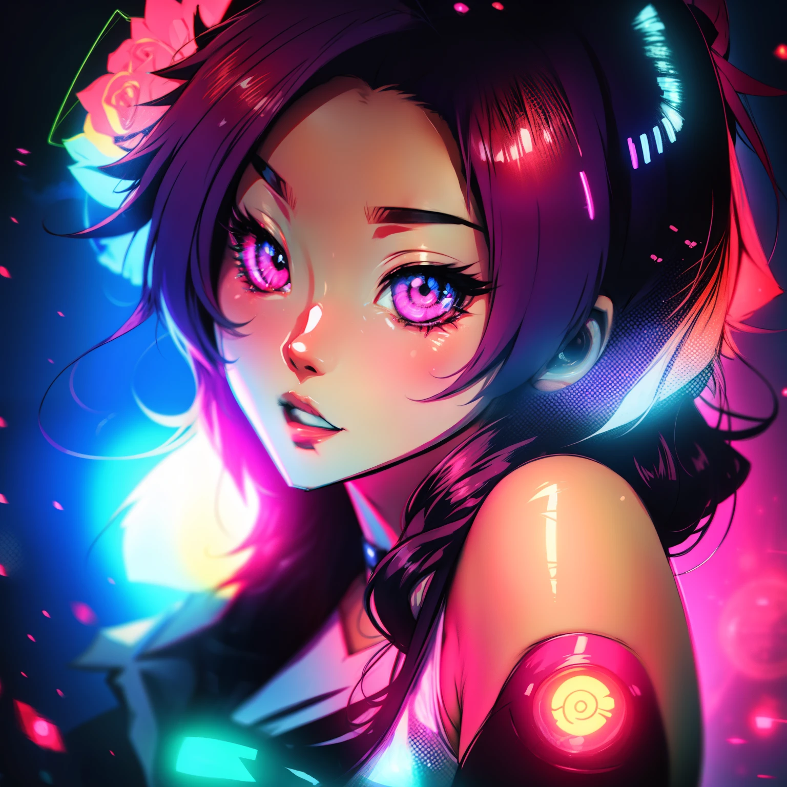 Garota anime kawai, lollipop , cores neons, Rosa neon, olhos brilhantes e fofos, imagem fofa, estilo anime.