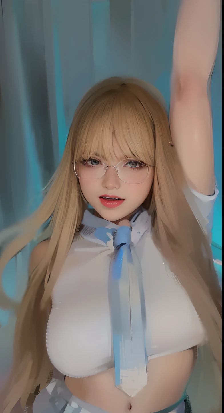 Blond-haired woman with glasses and tie posing for a photo, Lalisa Manobal, Lalisa Manoban do Blackpink, BBWCHAN, com longos cabelos loiros, linda Delphine, low quality video, thicc, com franja completa, com franja, Cl, with arms up, 韓国アイドル, KDA, tiktok video, menina coreana