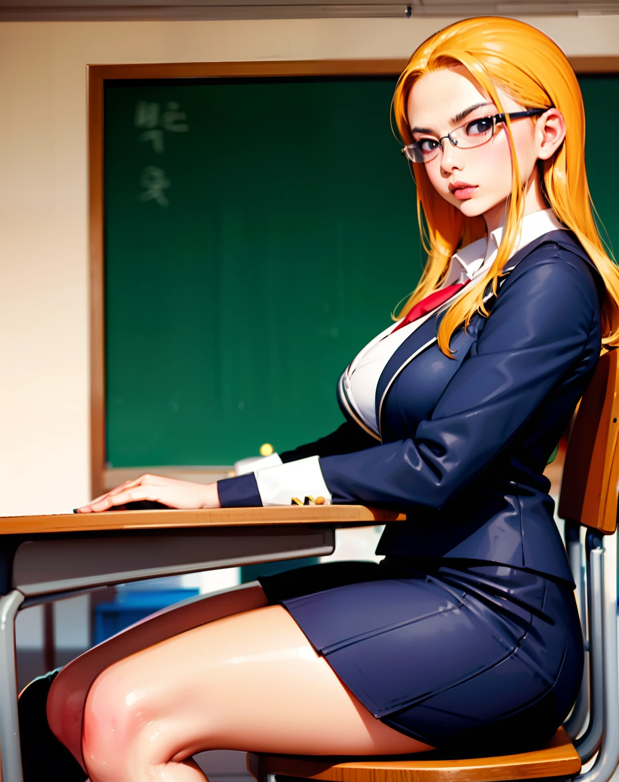 arafed asian woman sitting on a desk in a classroom, with glasses, full subject in shot, korean girl, nerdy, japanese goddess, japanese model, with glasses on, a hyperrealistic schoolgirl, hyperrealistic schoolgirl, in a classroom, beautiful asian girl, asian girl, thick glasses, sakimichan, cute schoolgirl, russian and japanese mix,yellow hair