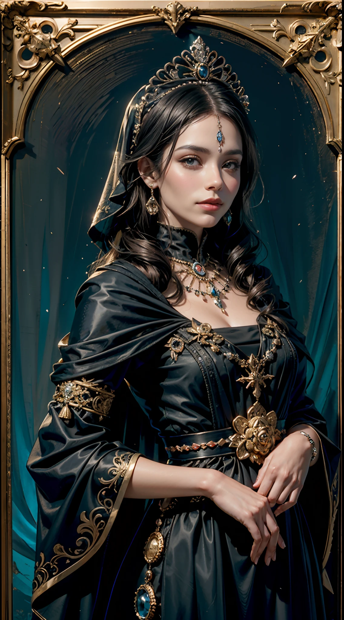 ((retrato de corpo inteiro)), (obra-prima, melhor qualidade, realista: 1.37), (intrincado e delicado, pele e rosto altamente detalhados), (fundo preto), (CatrinaMakeUp), ((colorido)), 1 girl, Beautiful Queen in Suite Black Dress, envolvendo em luxuosos vestes escuras com capuz, Dark roses and skull adorn her cloth, (a large golden Halo over his head), (tiara, rosas, ornamental skull, preto, escuro), olhos azuis, rosas grandes simetricamente colocadas em ambos os lados, (simbolismo religioso), (inspirado em Santa Maria, Rainha das Caveiras, La Catrina, e Rainha dos Mortos, Lavi Zupa), ((virgem maria, rainha esqueleto de santo, La Catrina)), ( Foto realismo), fundo escuro, cinematic soft lighting, alto contraste, tema escuro, papel de parede GC 8k, Trending on artstation, octane render, unreal engine, volumetrics dtx, arte digital premiada, tinta, arte oficial.