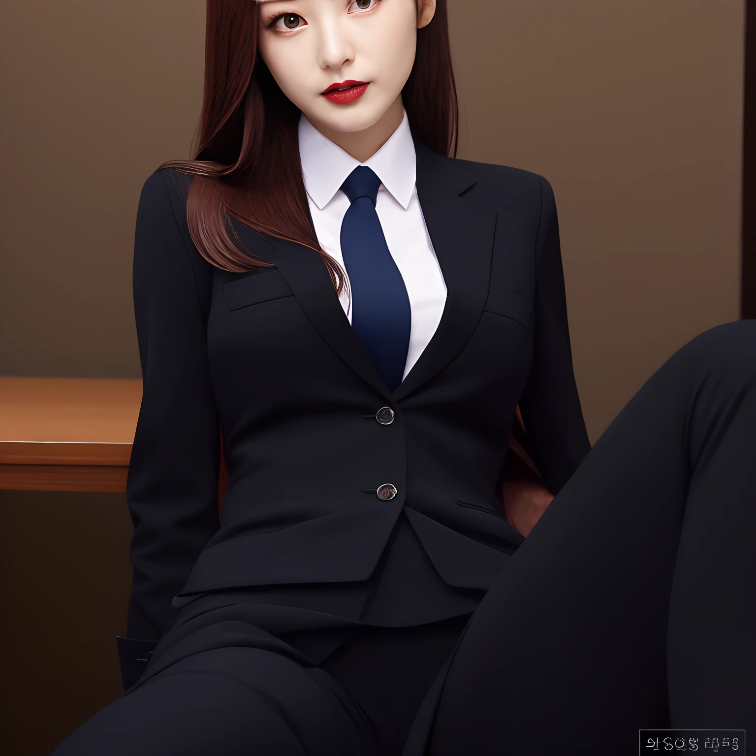 At the table sat a woman in a suit and tie, wearing a strict business suit, wearing a strict business suit, wearing a strict business suit, dressed in a suit, dressed in a suit, dressed in a suit, Korean girl, Girl in suit, girl in a suit, wearing a black noble suit, Korean woman, wearing black suits, Business attire