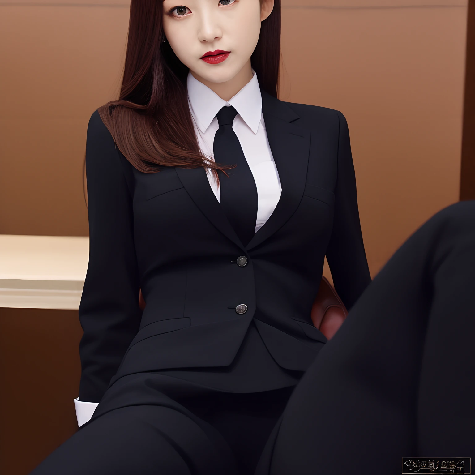 At the table sat a woman in a suit and tie, wearing a strict business suit, wearing a strict business suit, wearing a strict business suit, dressed in a suit, dressed in a suit, dressed in a suit, Korean girl, Girl in suit, girl in a suit, wearing a black noble suit, Korean woman, wearing black suits, Business attire