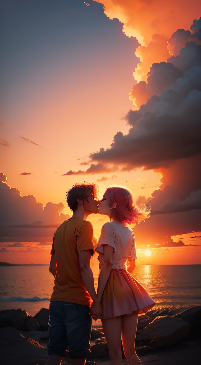 Sky Painted with Love:
A cover that features a picturesque sky at sunset, with warm tones of orange, pink and gold. In the center, a couple holding hands looking towards the horizon, representing the love that unites them.