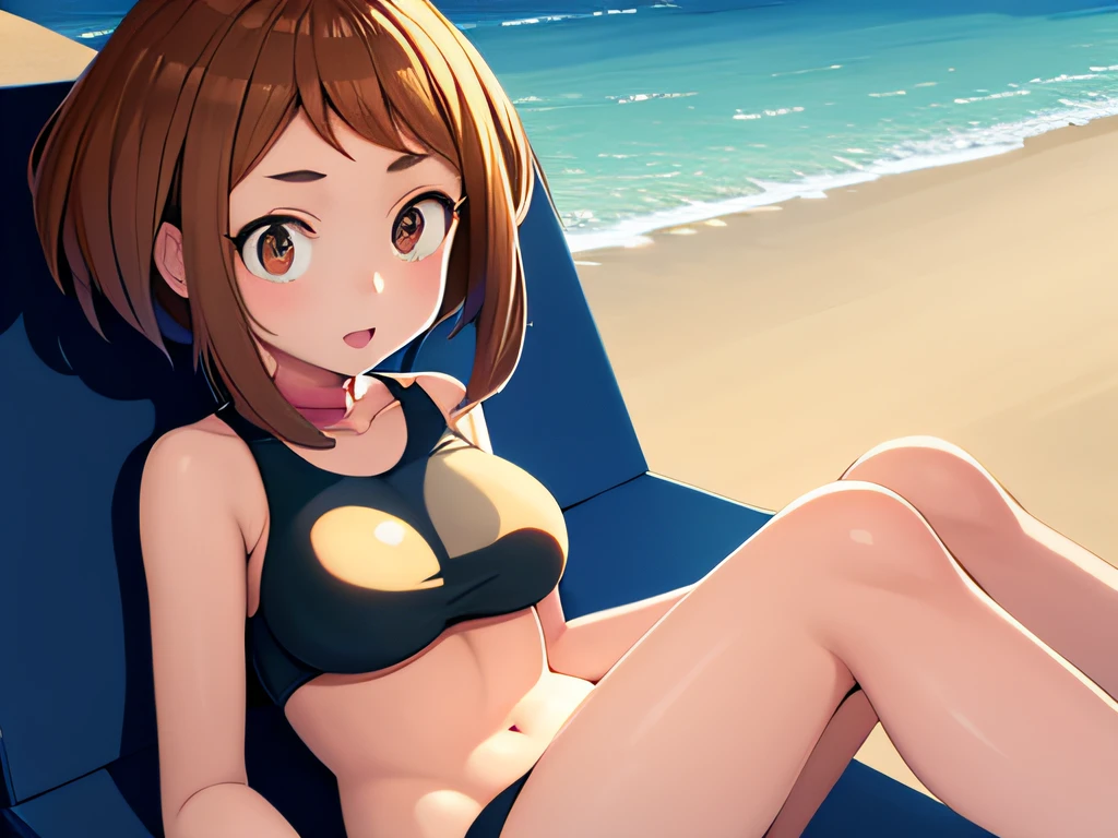 1girl, masterpiece, best quality, warm, summer vibes, highers, warm, cozy, beach, swimsuit, sunny day, Uraraka Ochako, medium breast, short hair, perfect anatomy, perfect hands, sitting, chilling, vacation, anime style