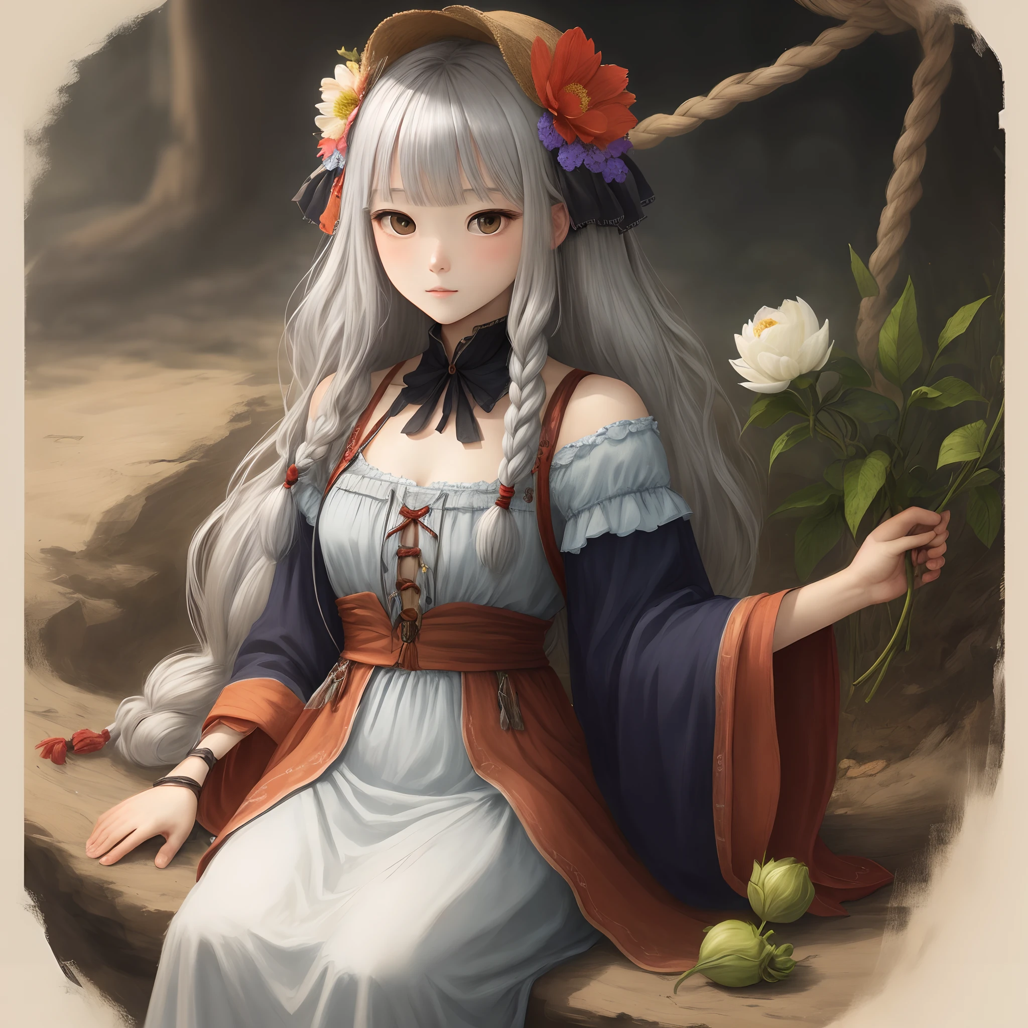 Long moonshine silver hair，man，Twisted braid on the front left side，Flower bud head in upper left，Loose hair，M bangs，