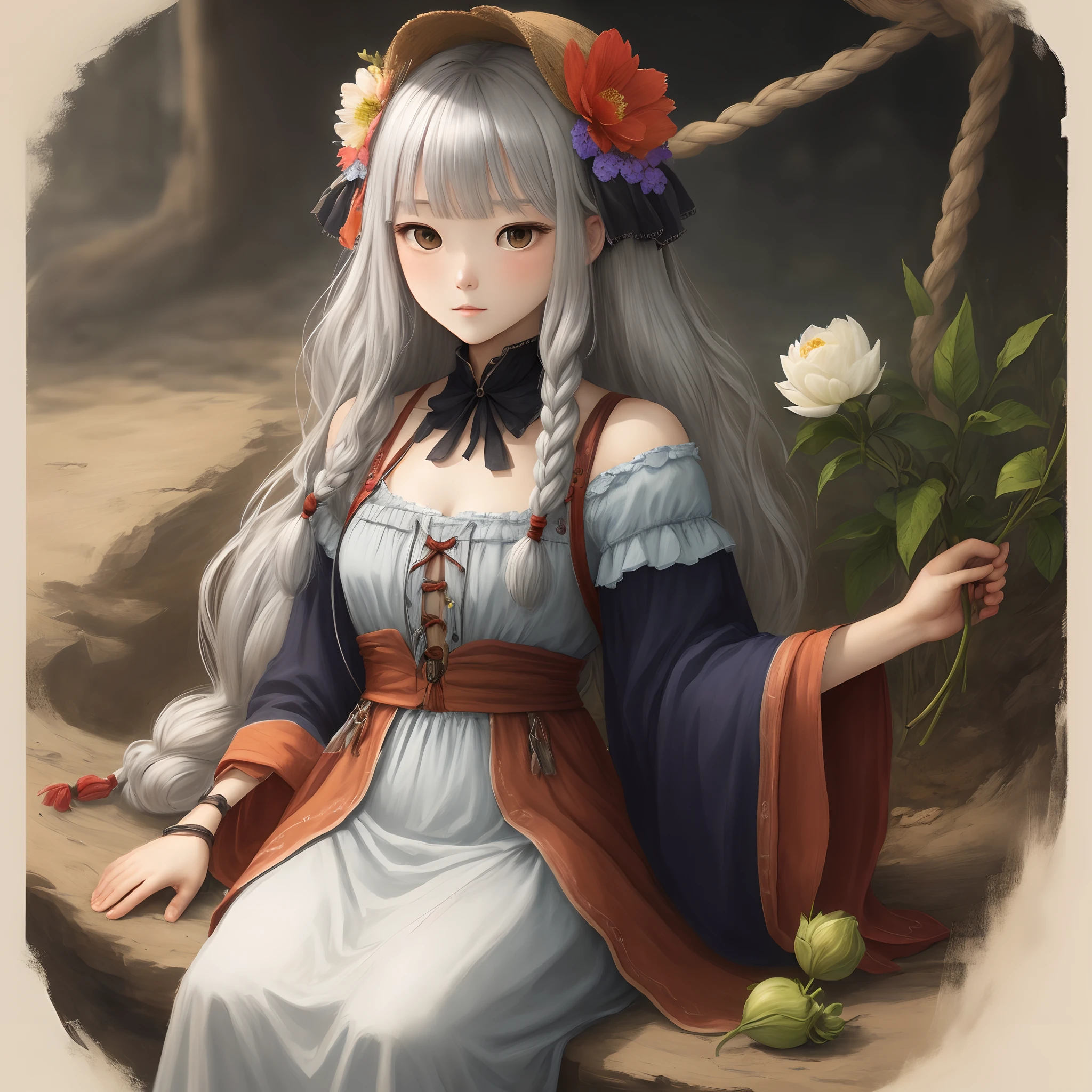 Long moonshine silver hair，man，Twisted braid on the front left side，Flower bud head in upper left，Loose hair，M bangs，