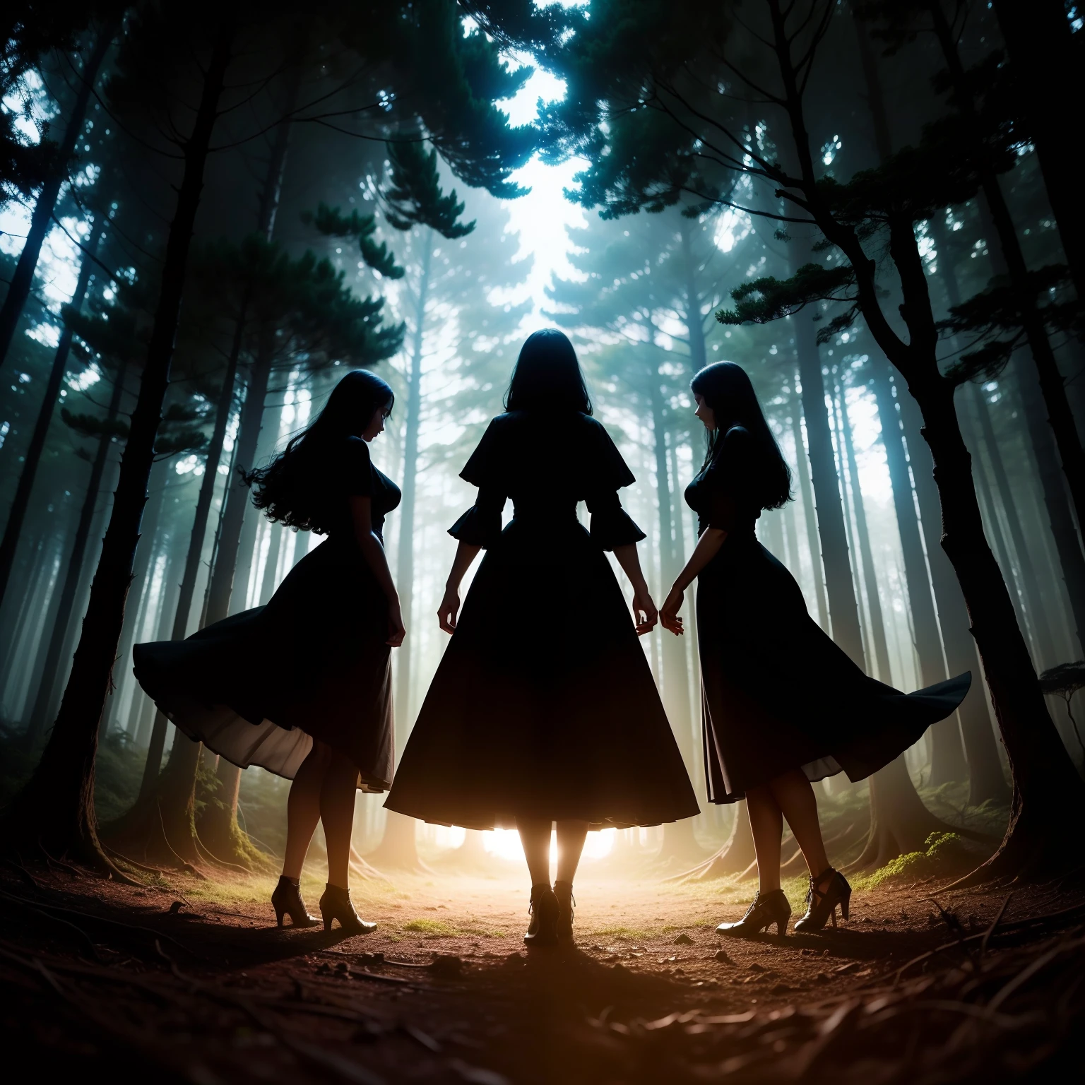 Silhouette of three women in the dark forest, standing on her feet, forming a circle, uma fogueira no meio delas, fios brilhantes ao redor em destaque, ritual, destino, morte, terror, ultra realista