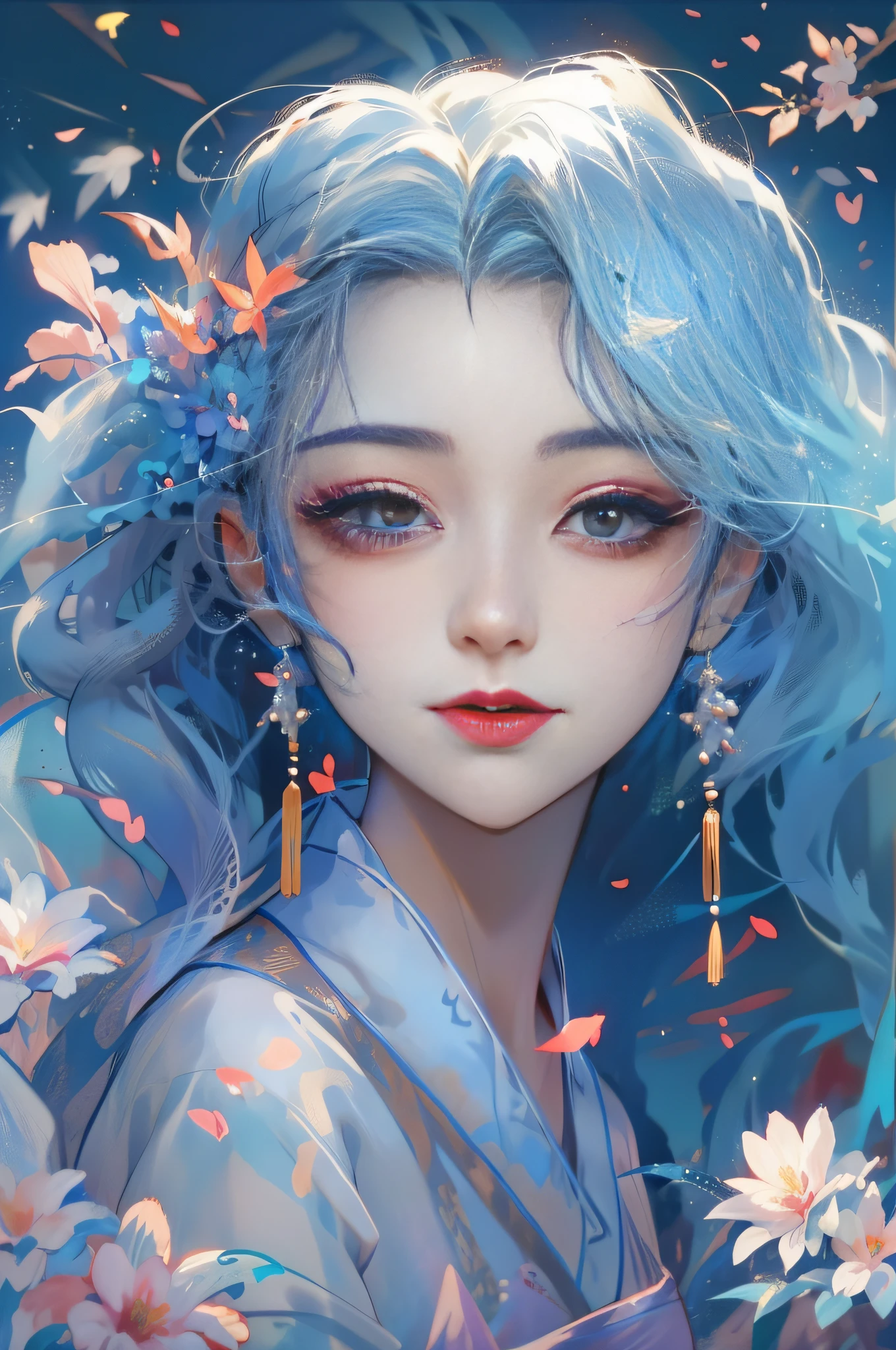 Mature girl ，blue hairs，Floating hair，Delicate and agile eyes，Starry pupils，Solid color Hanfu，Gorgeous accessories，fov，F1.8，tmasterpiece，Complexscenes，Petals flying，Frontal portrait shot，Moon，grieves