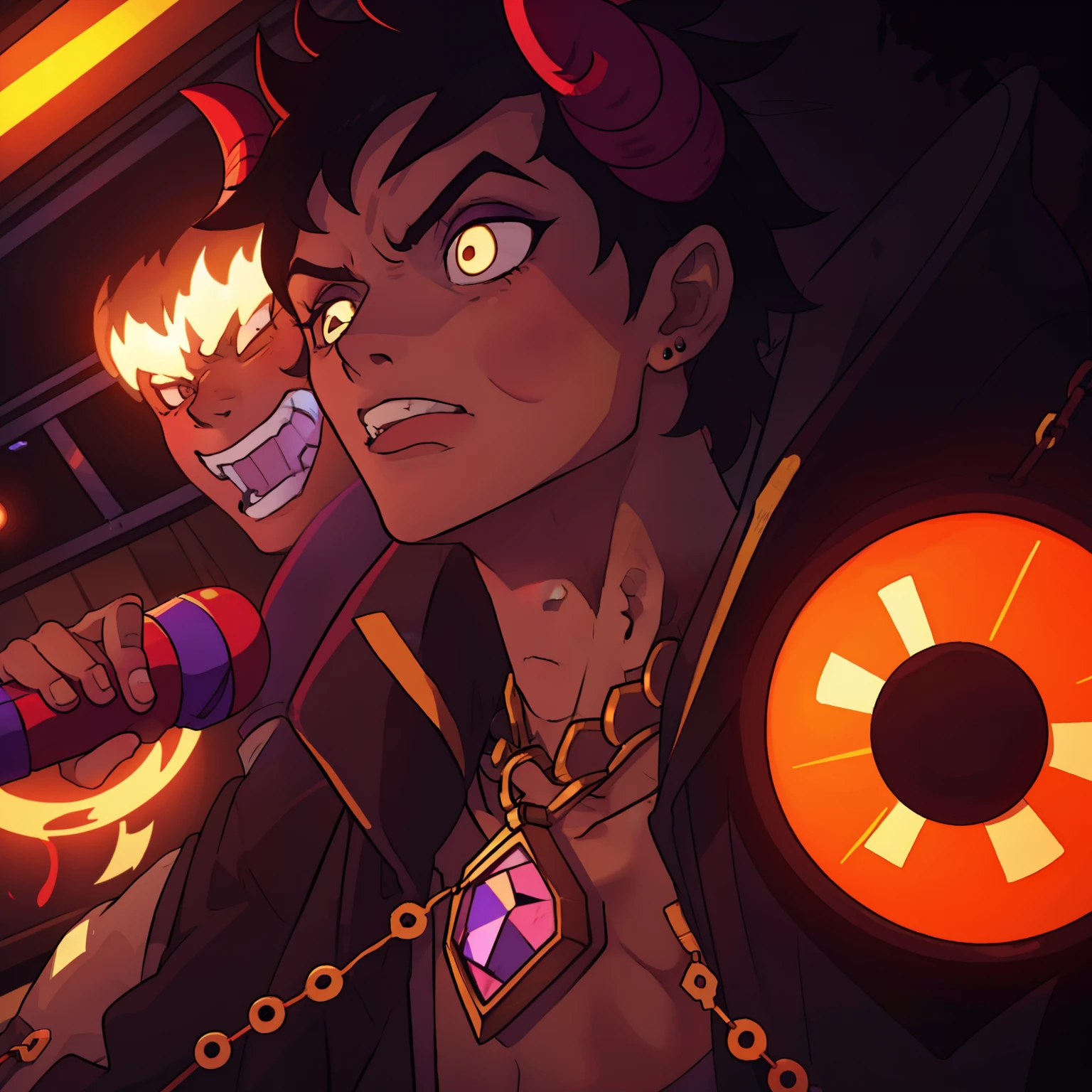 Demon boy inside a music studio with a microphone in his hand with diamond chains around his neck