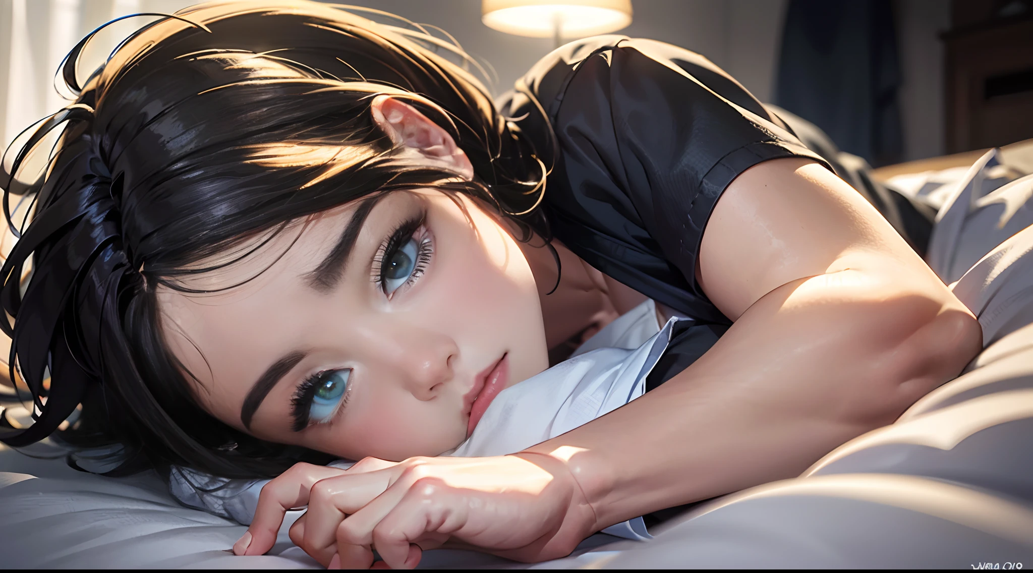 (foco nítido: 1,2), foto, (rosto bonito: 1,1), olhos fechados, delicious lips, (maquiagem de olho de gato: 0,85), (olhos fechados: 1,0), (corpo tonificado: 1,2), (liso curto e preto cabelo:1.2), vestindo (camiseta preta e short cotton vermelho:1.2), (Moderate lighting: 1,2), profundidade de campo, bokeh, 4K, HDR. por (James C. Christensen:1.2 | Jeremy Lipking:1.1). Jovem atraente chamada Anne de 18 anos de idade, pele branca, small hands, dormindo em sua cama num quarto escuro e sombrio com pouca luz e poeira no ar.