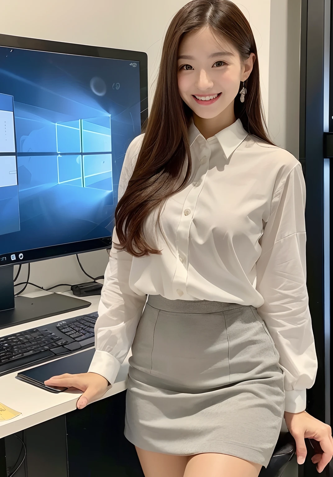 ((top-quality、8K、masterpiece:1.3))、Focus:1.2、Perfect Body Beauty:1.4、s ass:1.2、((Delicate long hair))、(Hip wrapped skirt:1.1)、(s Office、personal computers:1.3)、(OL、Business suits:1.2)、Highly detailed facial and skin texture、Delicat eyes、二重まぶた、Woman working at computer、Whitened skin、gyuru、Wearing big、A refreshing smile