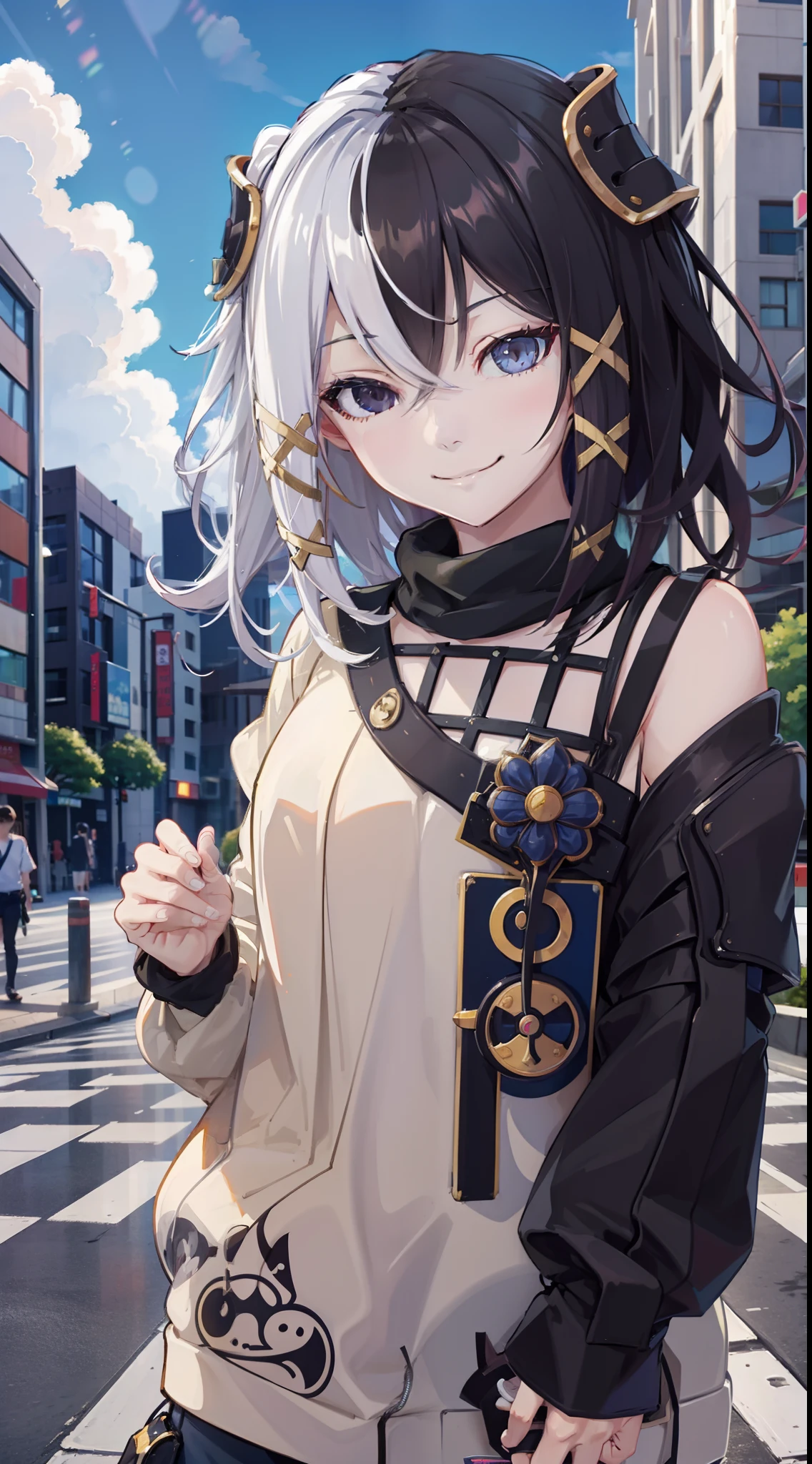 casual outfit, city, tokyo, colorful, clouds, sunny, outside, naughty smile, domineering smile, arrogant expression, cocky attitude, masterpiece, best quality