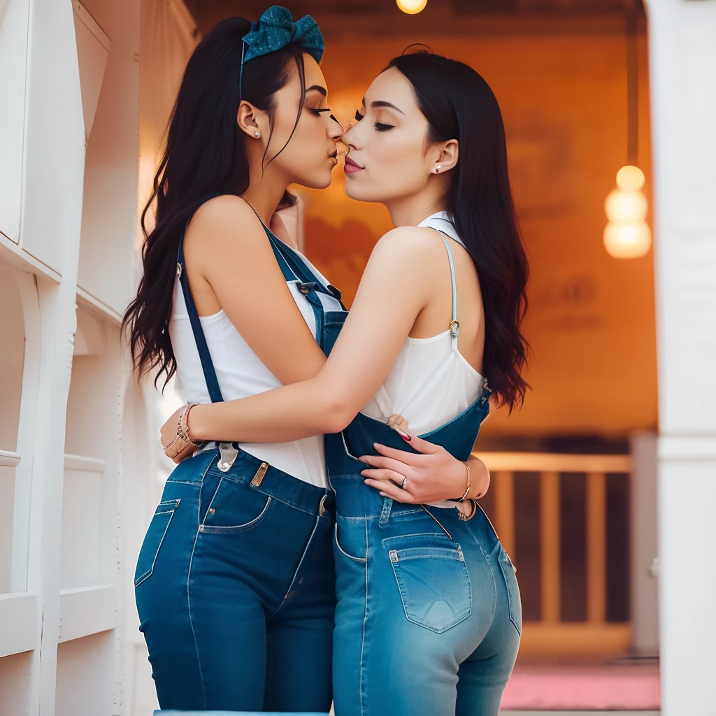 Two women in skinny jeans stand side by side, Lesbian kiss, two women kissing at a carnival, two beautiful women in love, lesbian embrace, kissing together cutely, portrait of two girls kissing, lit from behind, wearing dirty overalls, making out, lit from the side, Beautiful, Wearing overalls, Lesbians, Kissing each other, overalls