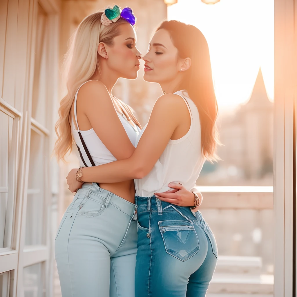 Two women in skinny jeans stand side by side, Lesbian kiss, two women kissing at a carnival, two beautiful women in love, lesbian embrace, kissing together cutely, portrait of two girls kissing, lit from behind, wearing dirty overalls, making out, lit from the side, Beautiful, Wearing overalls, Lesbians, Kissing each other, overalls