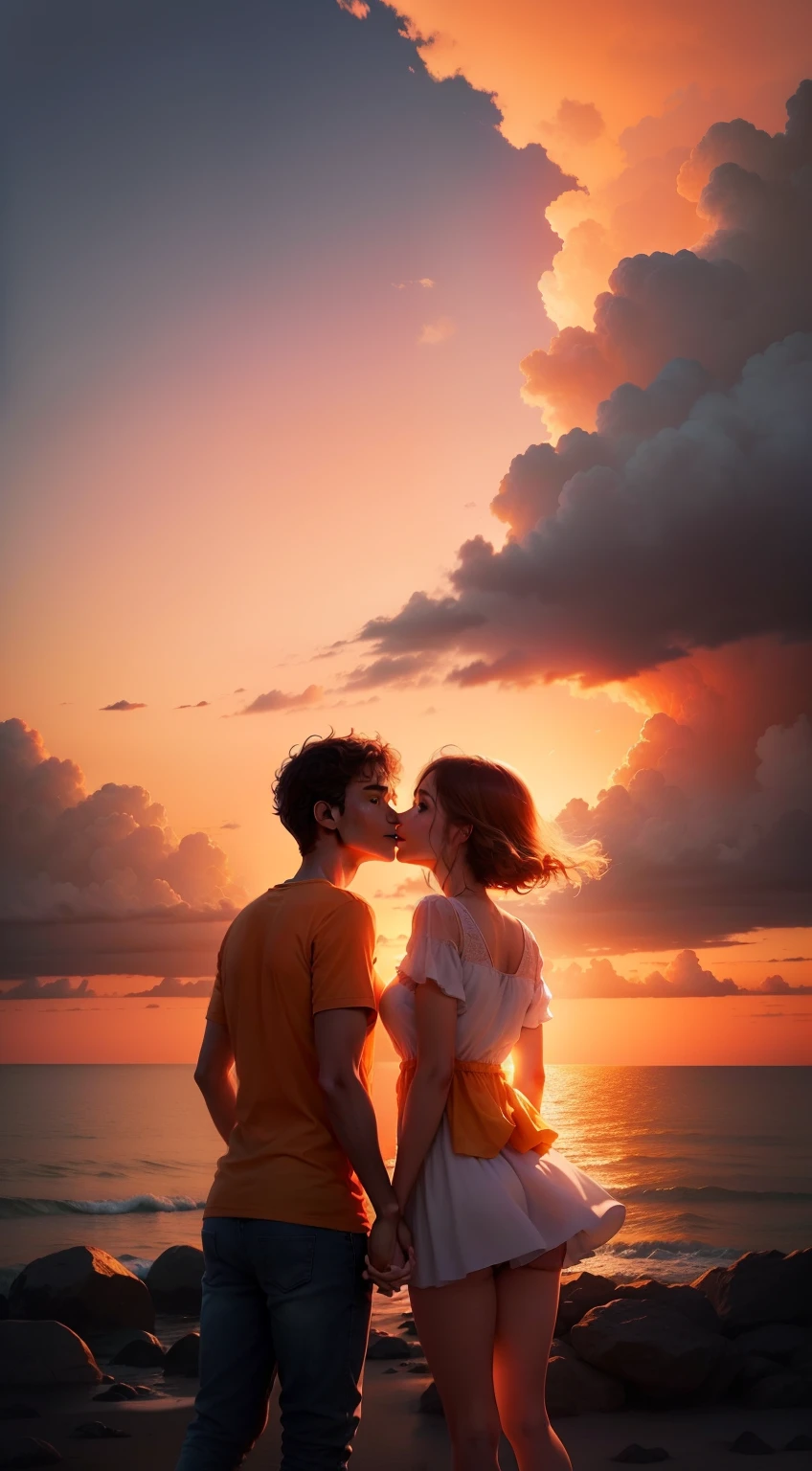 Sky painted with love:
A cover that features a picturesque sky at sunset, com tons quentes de laranja, rosa e dourado. no centro, a couple holding hands looking at the horizon, representando o amor que os une.