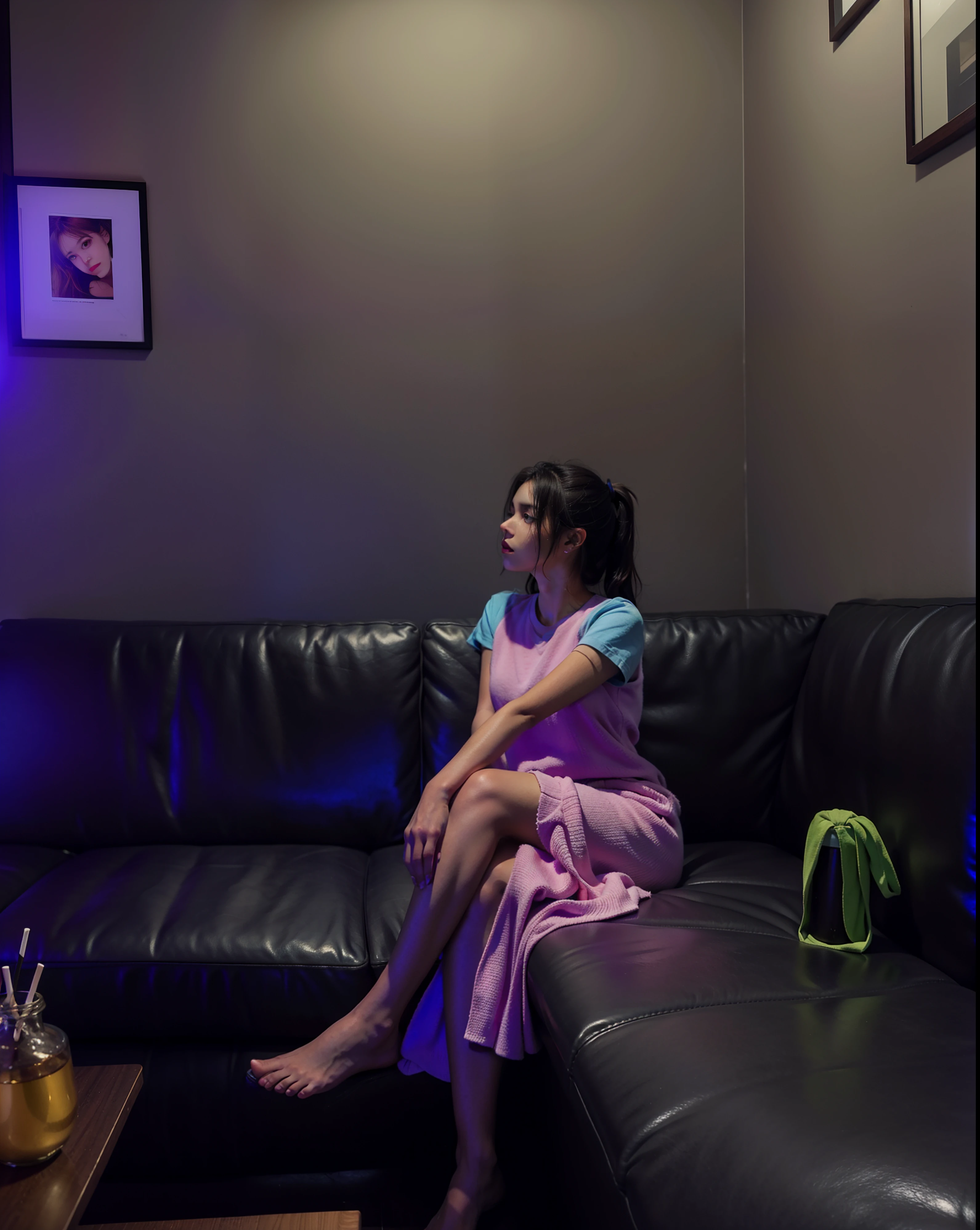 1girl,sitting on a cozy couch,crossing legs,soft light
