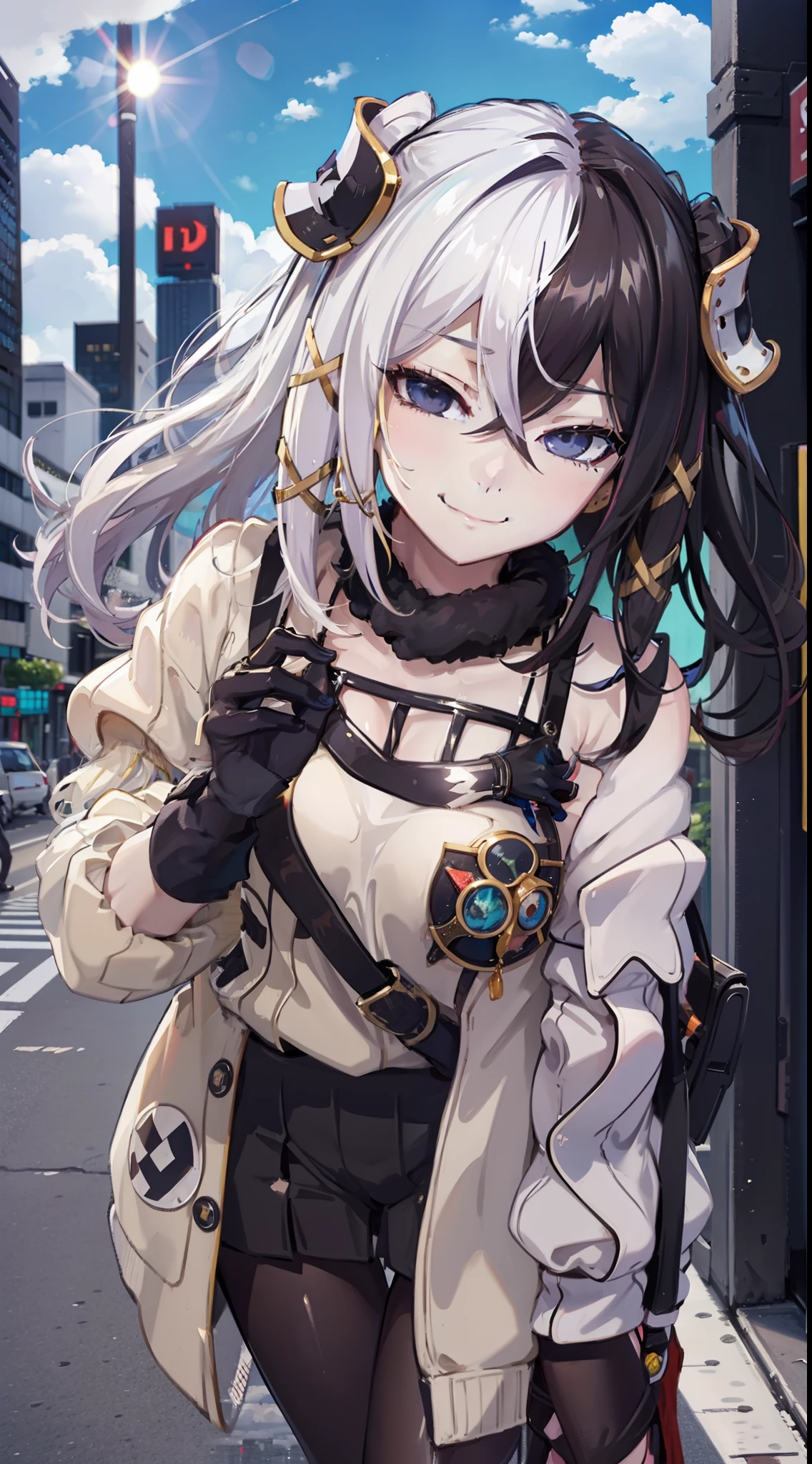 casual outfit, city, tokyo, colorful, clouds, sunny, outside, naughty smile, domineering smile, arrogant expression, cocky attitude, masterpiece, best quality