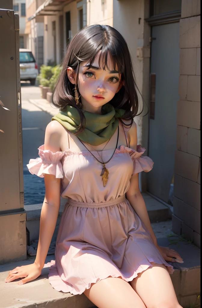 14 year old girl, body 1.60 meters, black hair 80 meters, light brown eyes, pretty face, chest, shoulder, arm, hand, hips, feathers, knee, feet, sitting position, light pink dress with green frill, necklace object, pusero object, scarf object, sadalias.