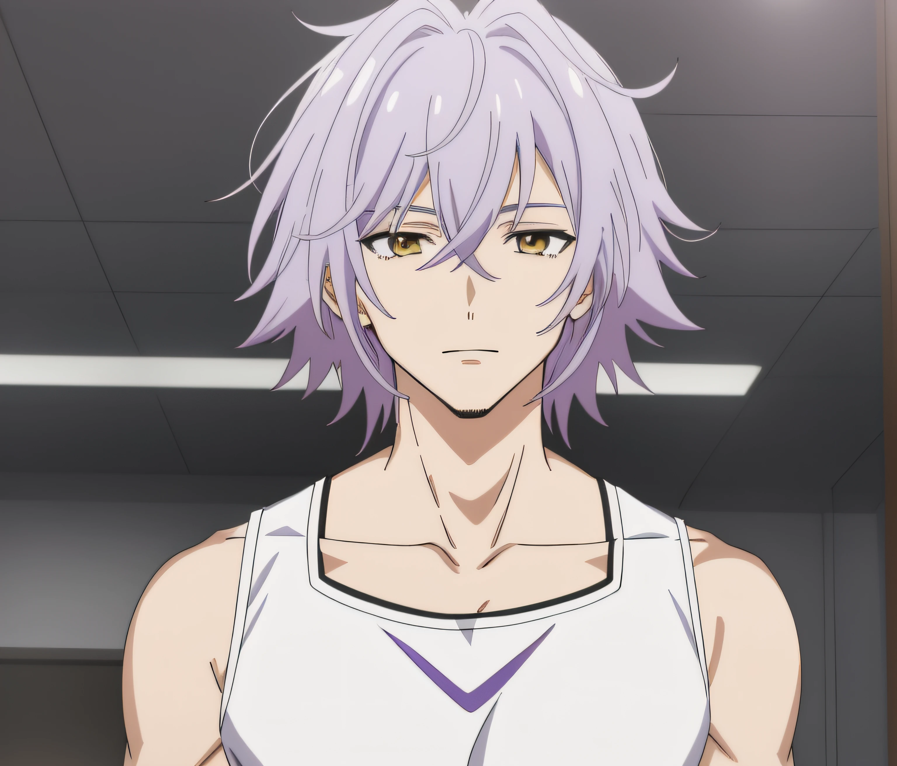 Close-up of someone with a white shirt and purple hair..., Hajime Yatate, Nagisa Kavoru, As an anime character, Neferpitu, Male anime characters, Okata Kazuto.., young anime man, He has dark gray fur..., anime character, Shiro Takatani, Inspired by Okumura Togyu, crazy silver hair