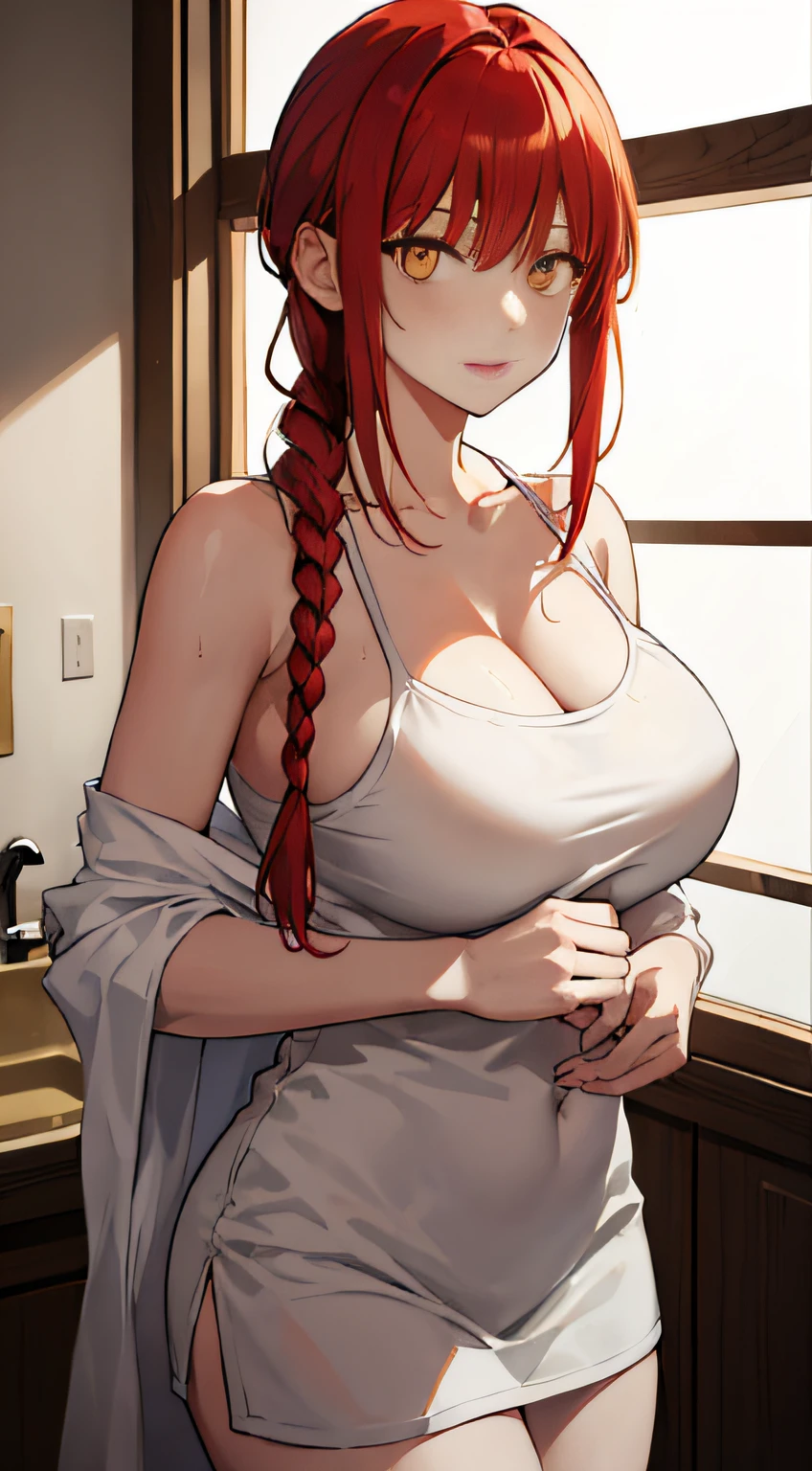 makima \(chainsaw man\), 1girl, indoors, glowing, beautiful lighting, masterpiece, looking at viewer, (red hair)+(long braided hair)+(bangs), yellow eyes, golden eyes, (ringed eyes), big breast, towel