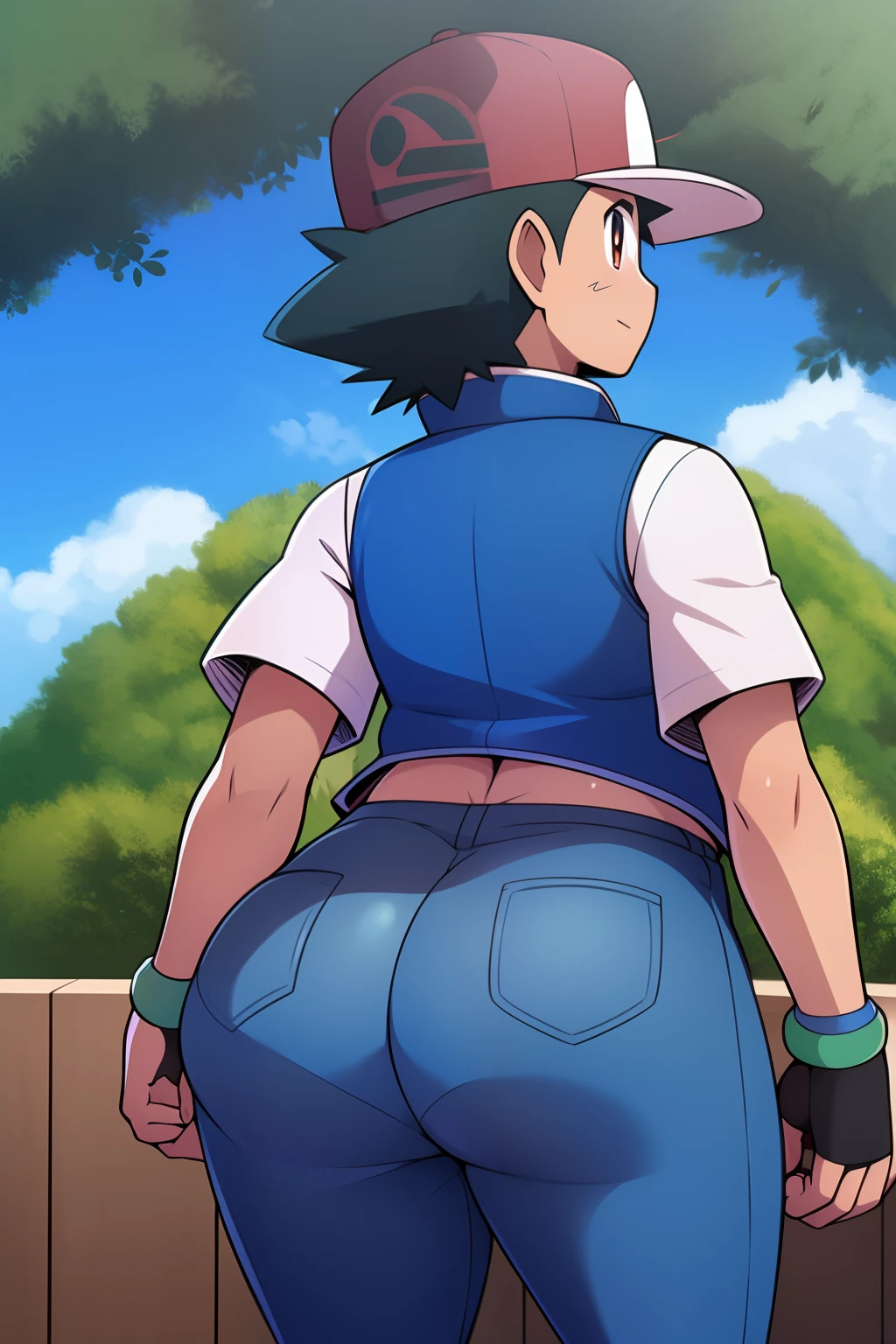 (masterpiece, best quality:1.2), solo, solo focus, 1girl, Pokémon, Ash Ketchum, red baseball cap, blue jacket, sleeveless jacket, shirt, short sleeves, blue jeans, fingerless gloves, 2d art, big butt